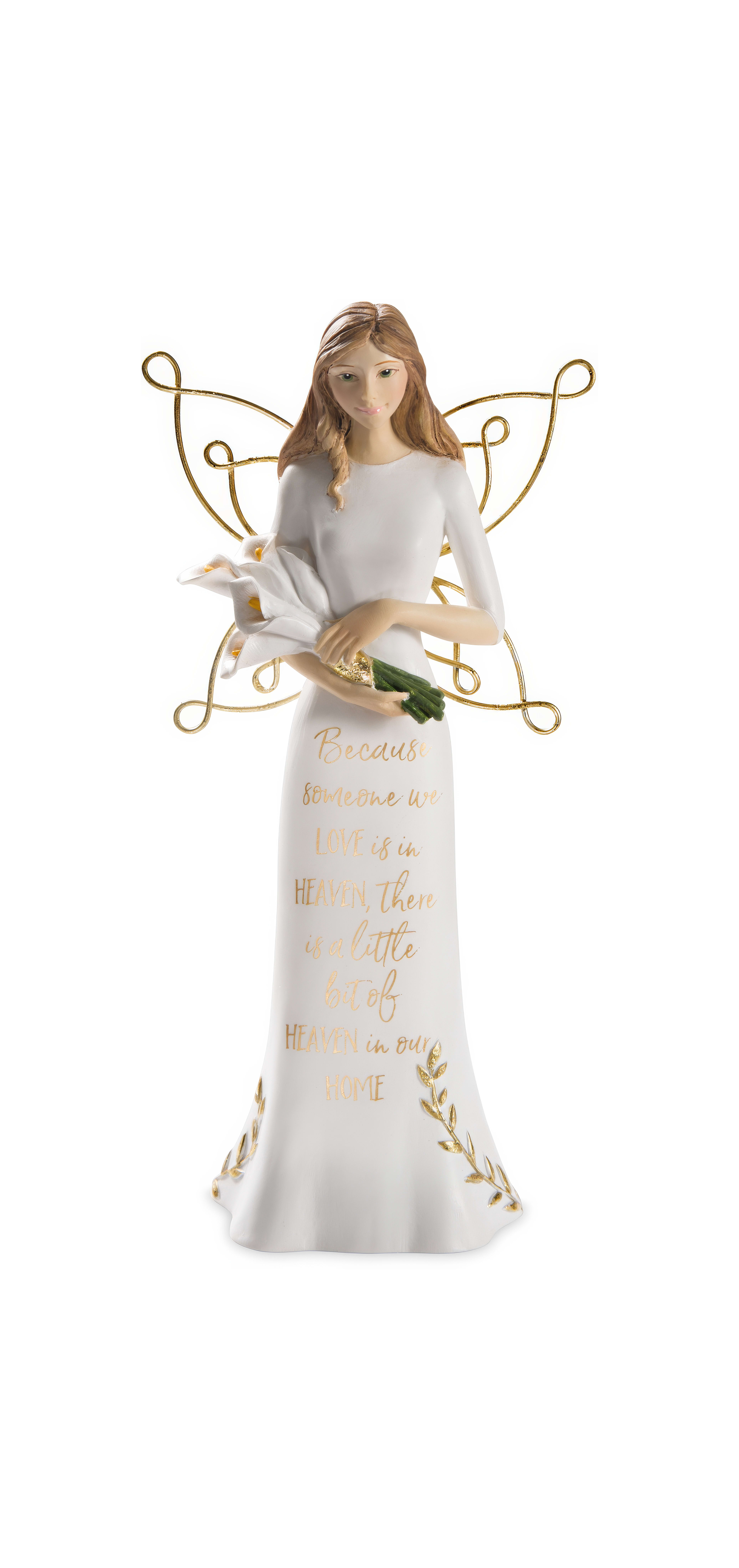 A graceful angel figurine stands with flowers, conveying a message of love and remembrance.