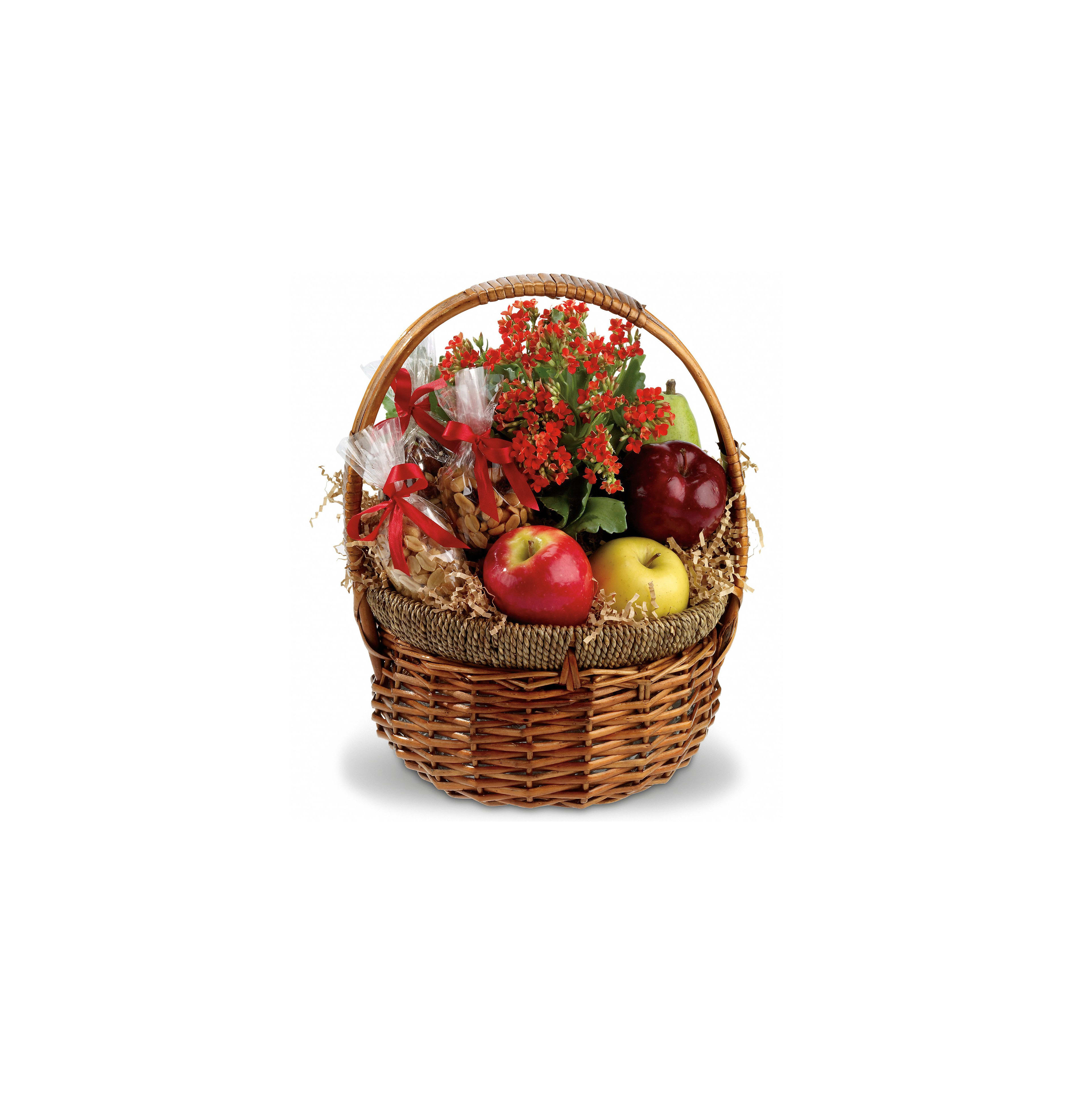 A lovely basket holds bright apples, a pear, and vibrant flowers, ideal for a gift.