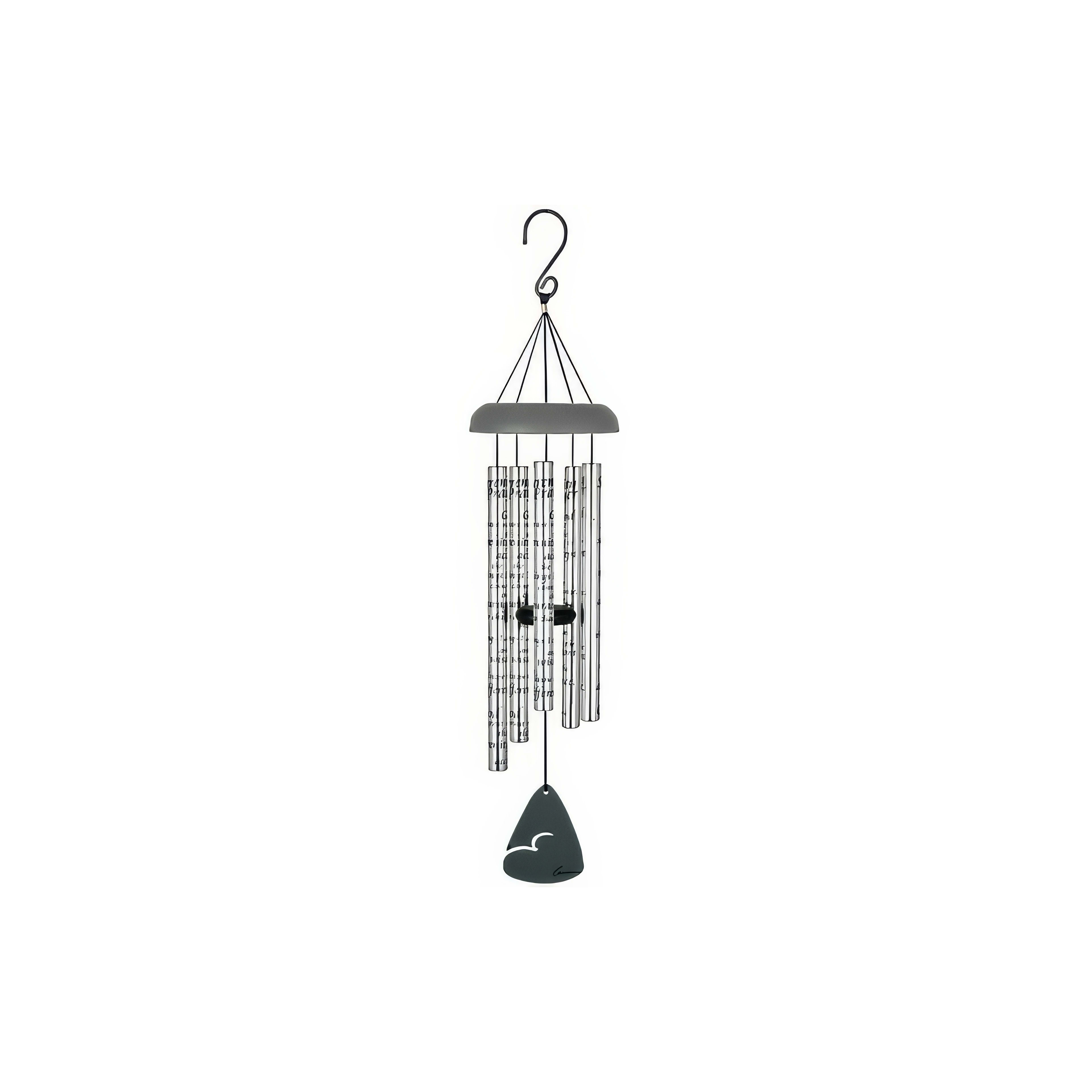 Elegant metal wind chime swaying gently in the outdoor breeze, producing calming sounds as it moves.