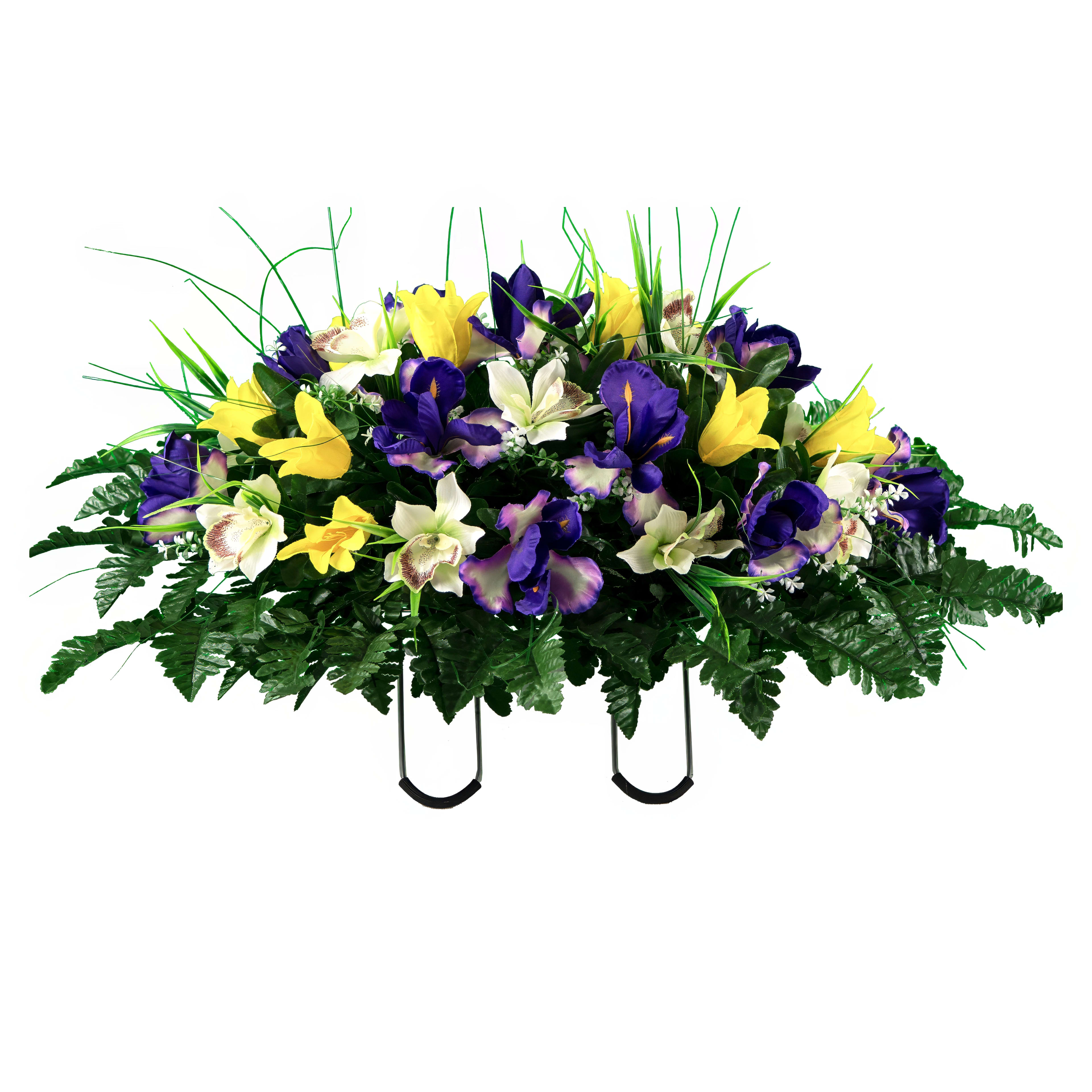 Brightly colored flowers in purple and yellow with lush green foliage create a striking arrangement.