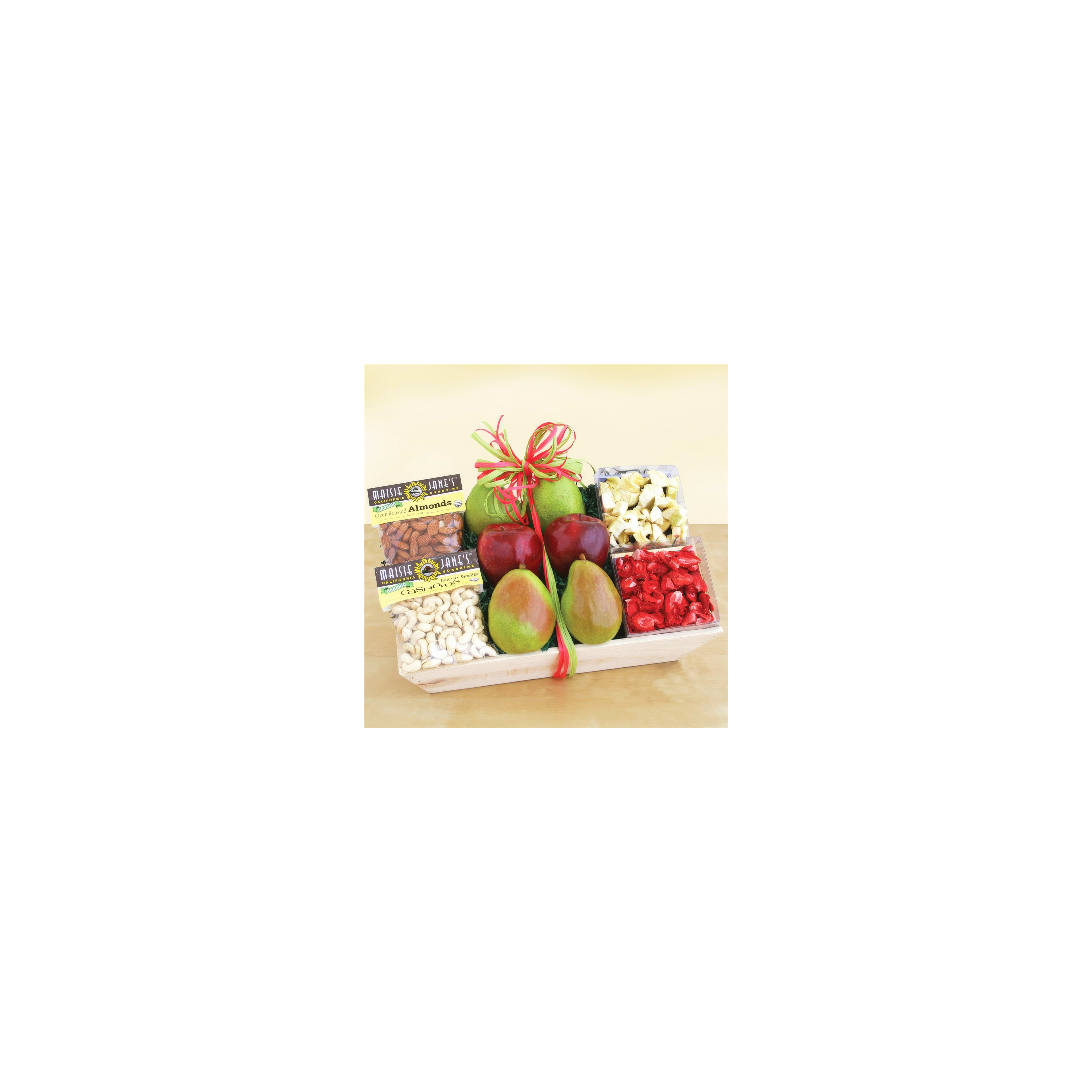 A colorful gift basket featuring fresh fruits, nuts, and treats for festivities or sharing.