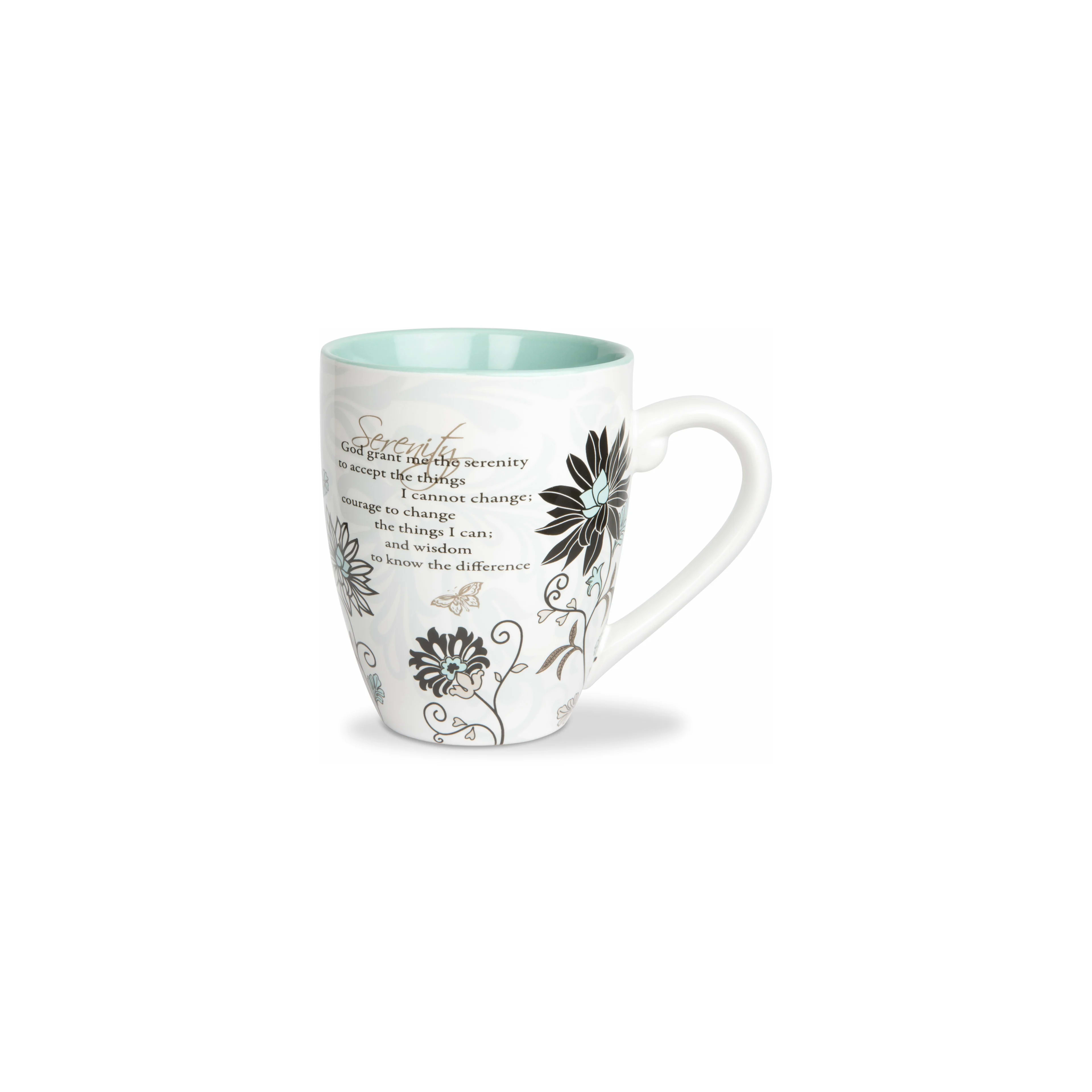 A white mug with blue and black flowers