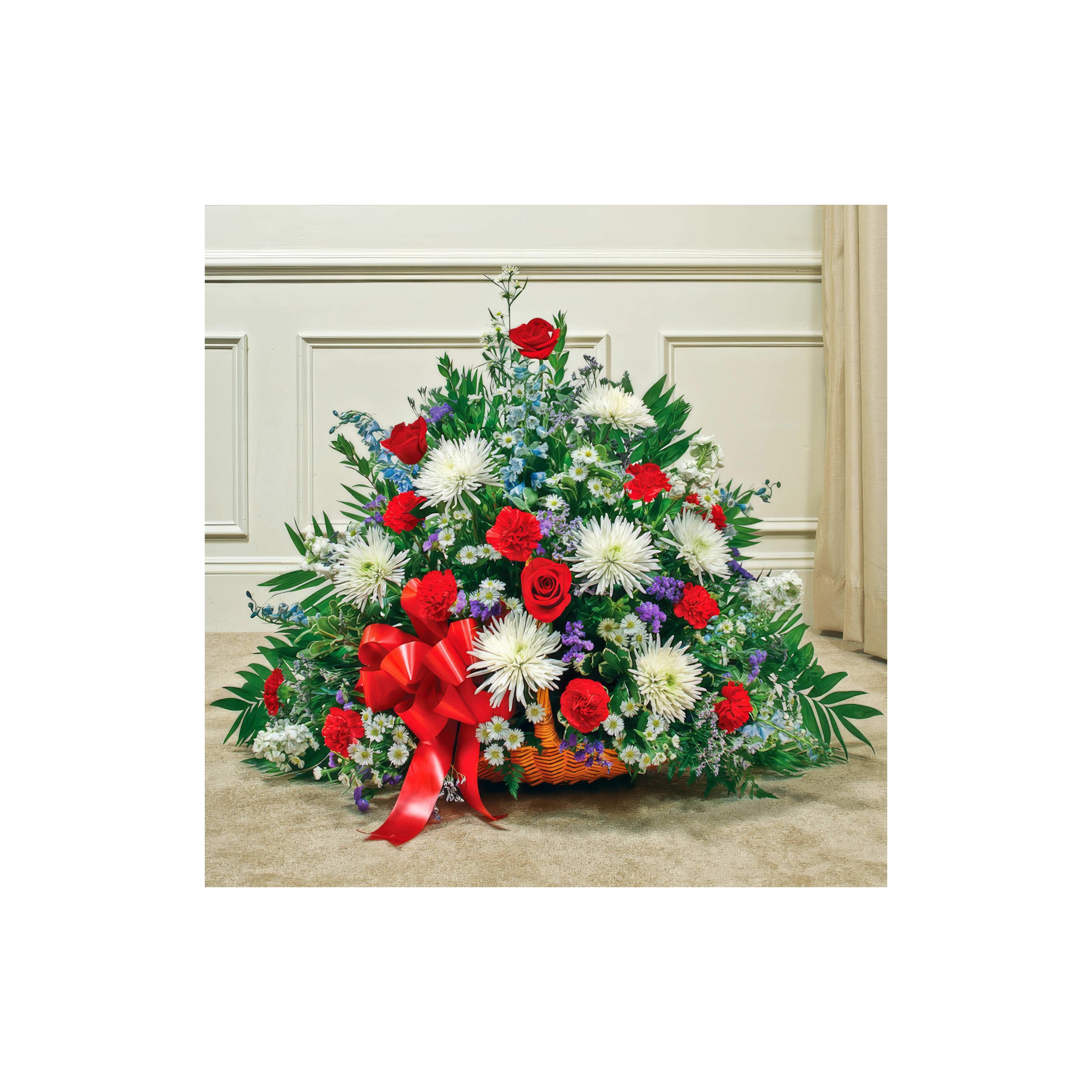 A bright and elaborate bouquet features red roses and white flowers, perfect for celebrations.