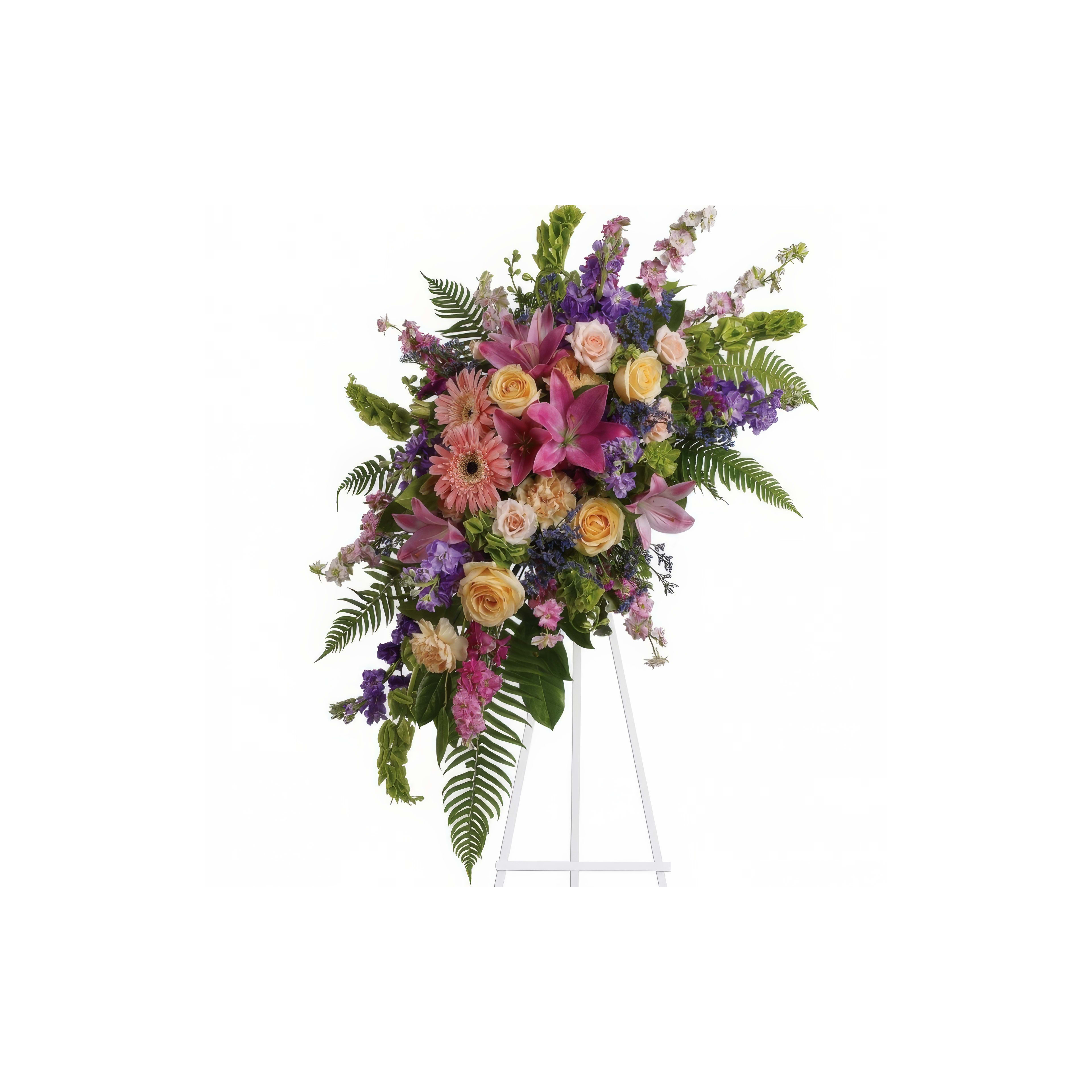 A colorful array of flowers arranged elegantly on a stand, ideal for commemorative occasions.