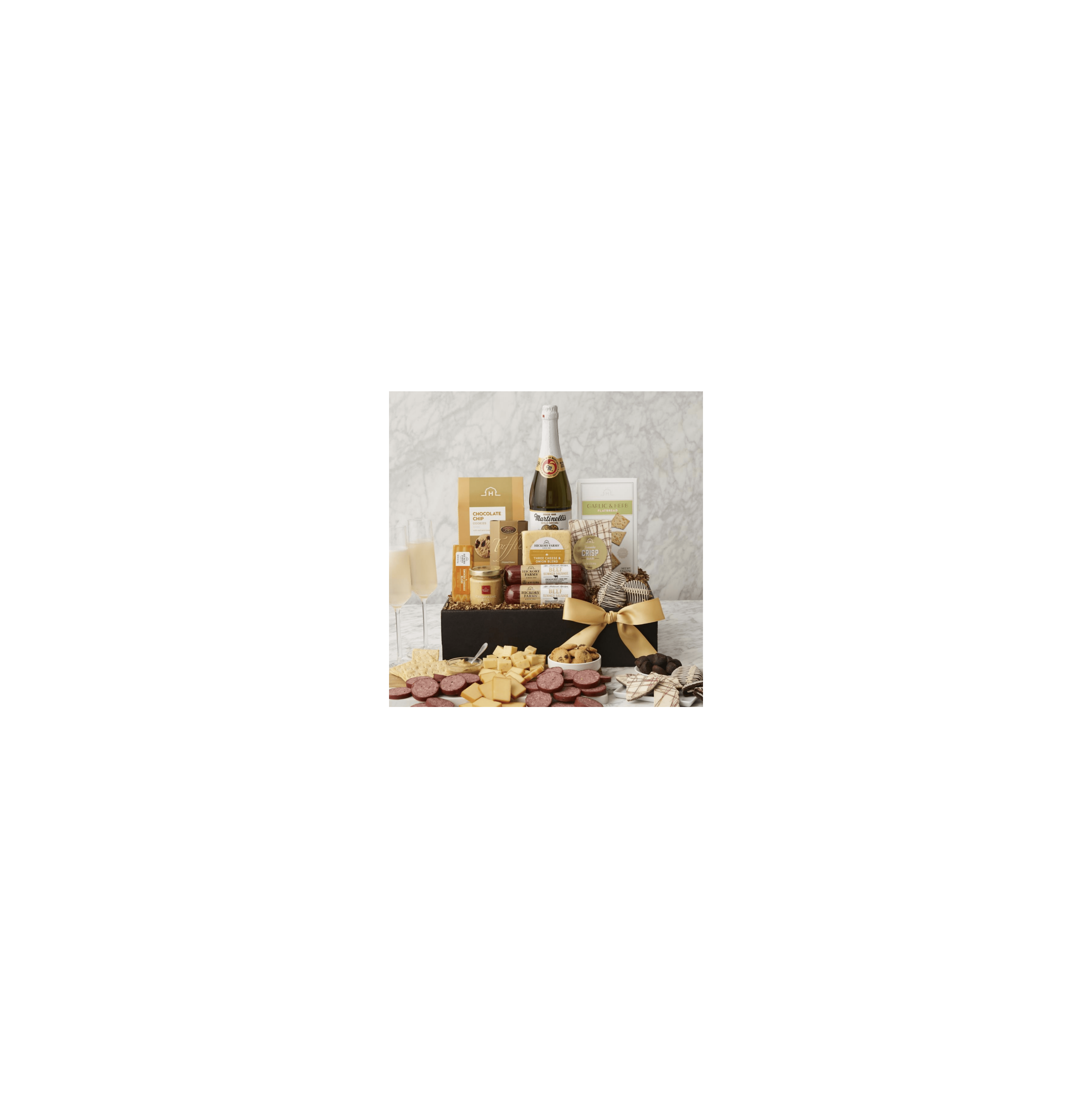 A lovely gift basket with wine, cheese, meats, and snacks, ideal for celebrations.