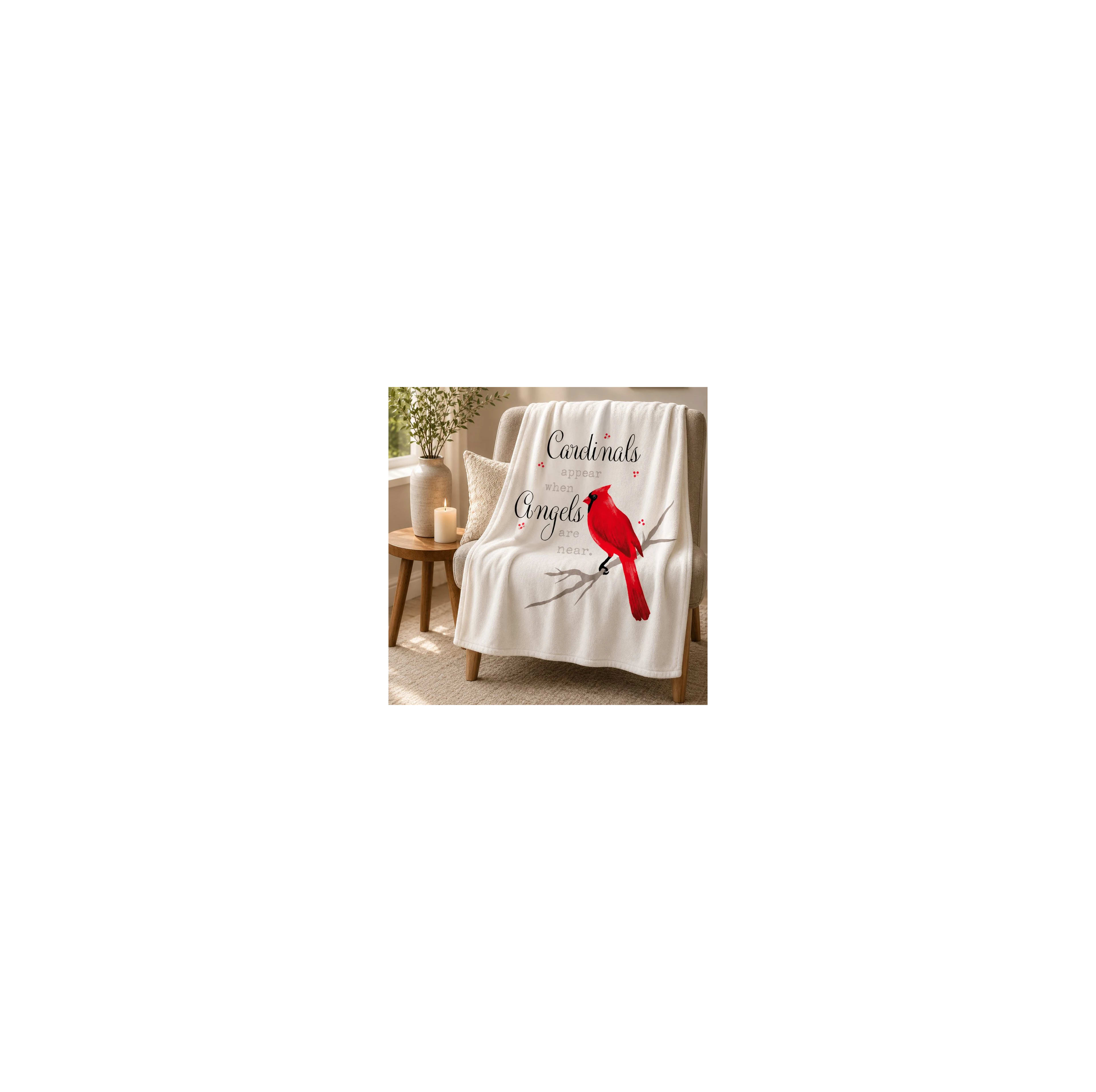 A white blanket with a red bird on it