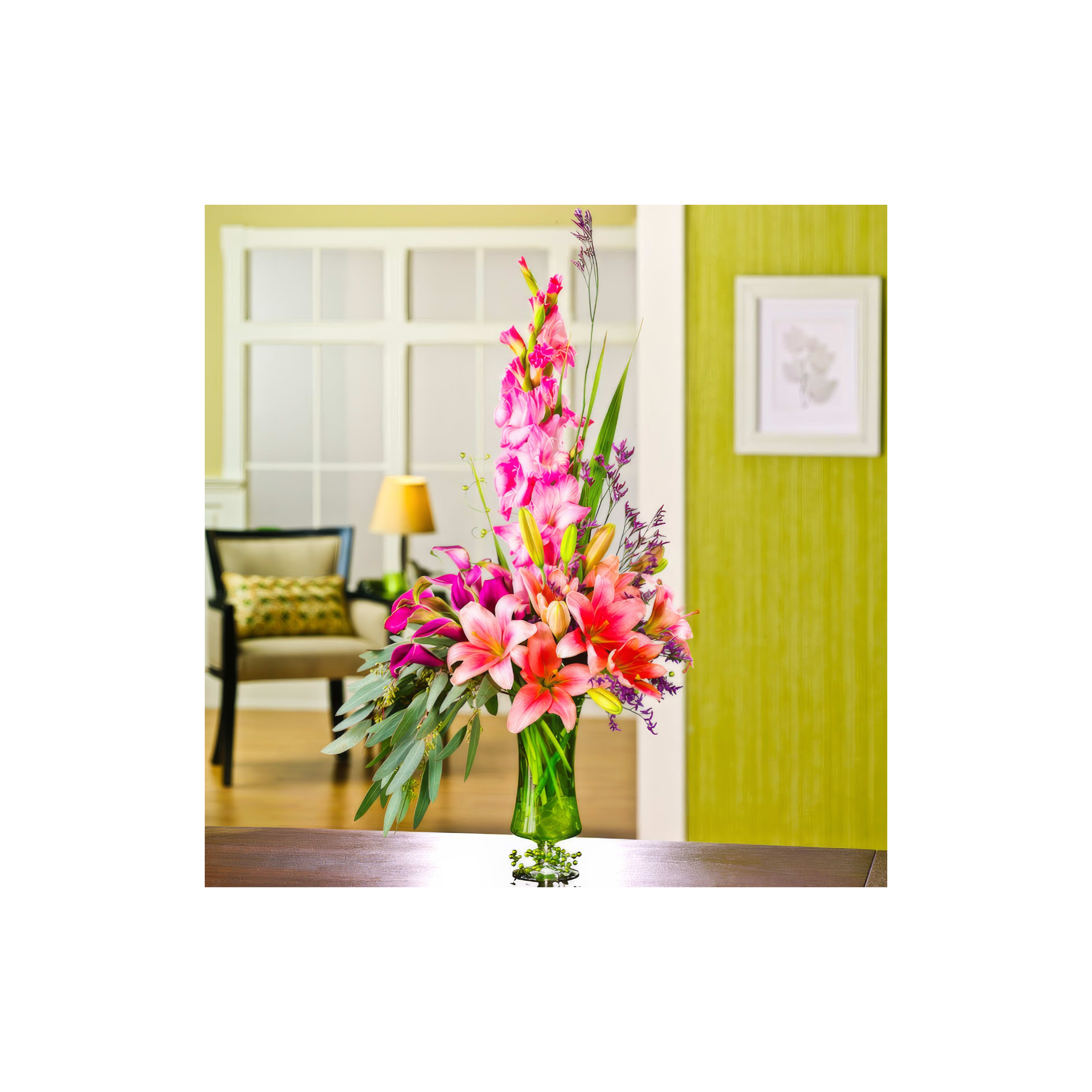 Stunning bouquet of pink and orange flowers brightens a modern living space with elegant decor.