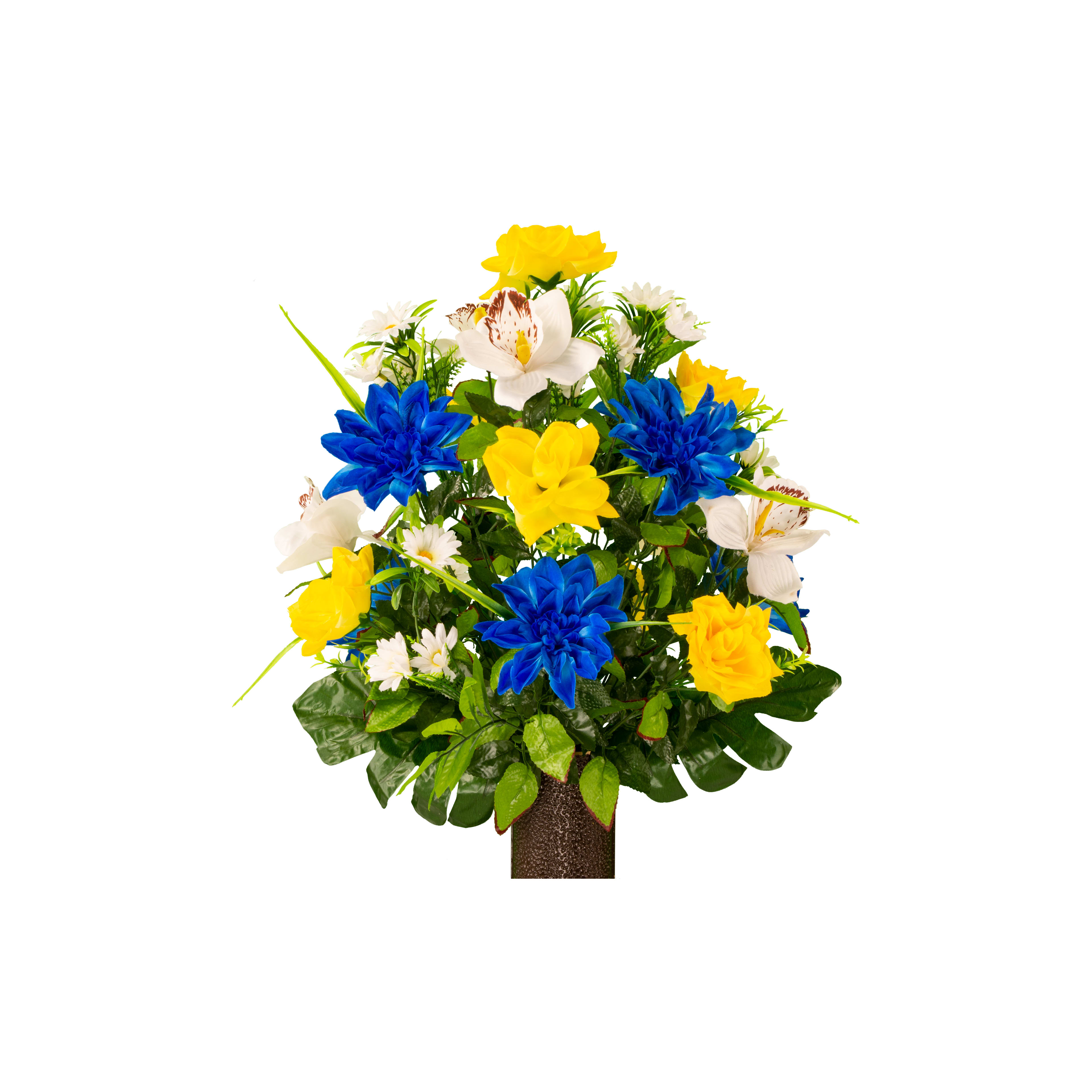Bright blue and yellow artificial flowers with green leaves make a lively indoor decor.