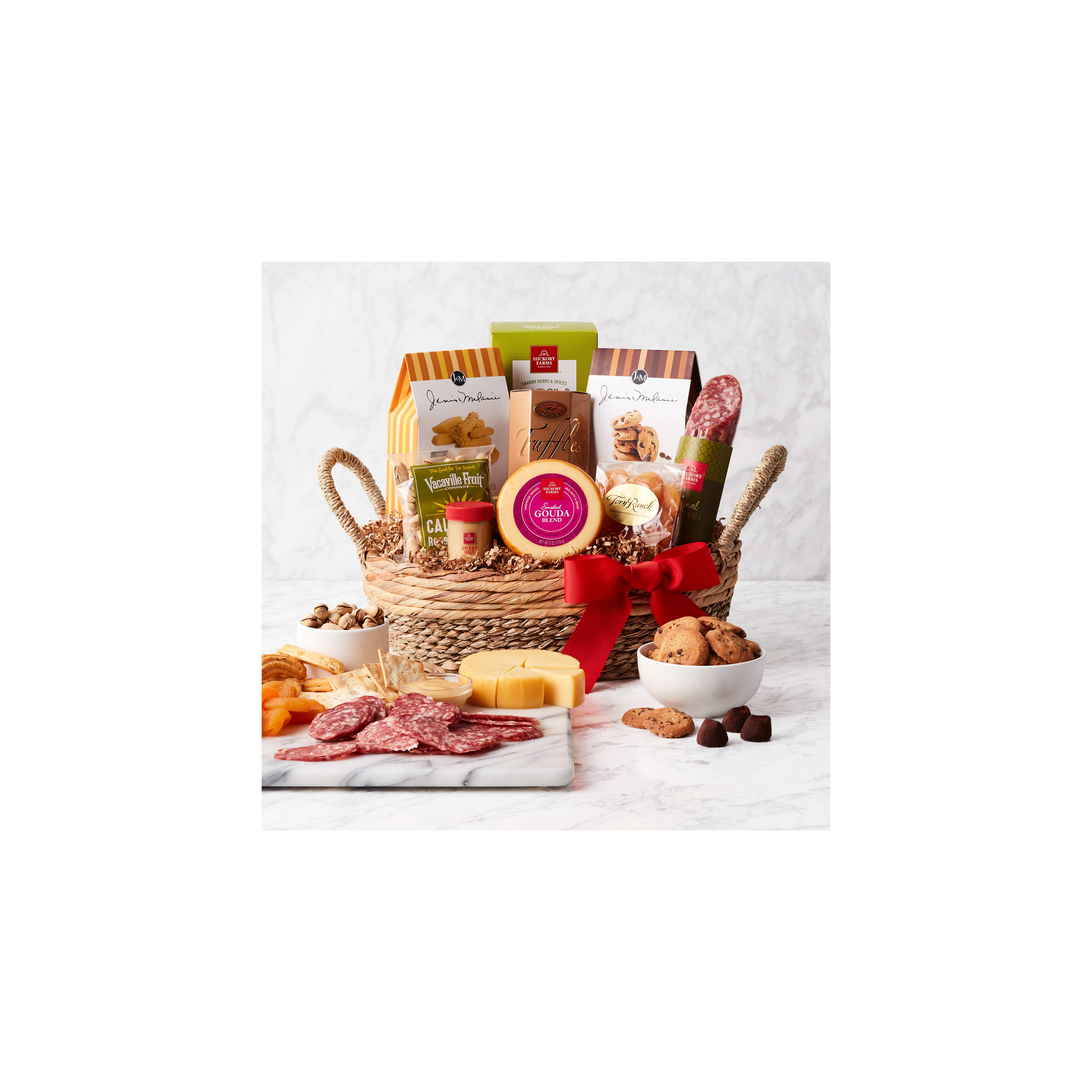 Woven basket displays an assortment of savory and sweet snacks perfect for sharing.