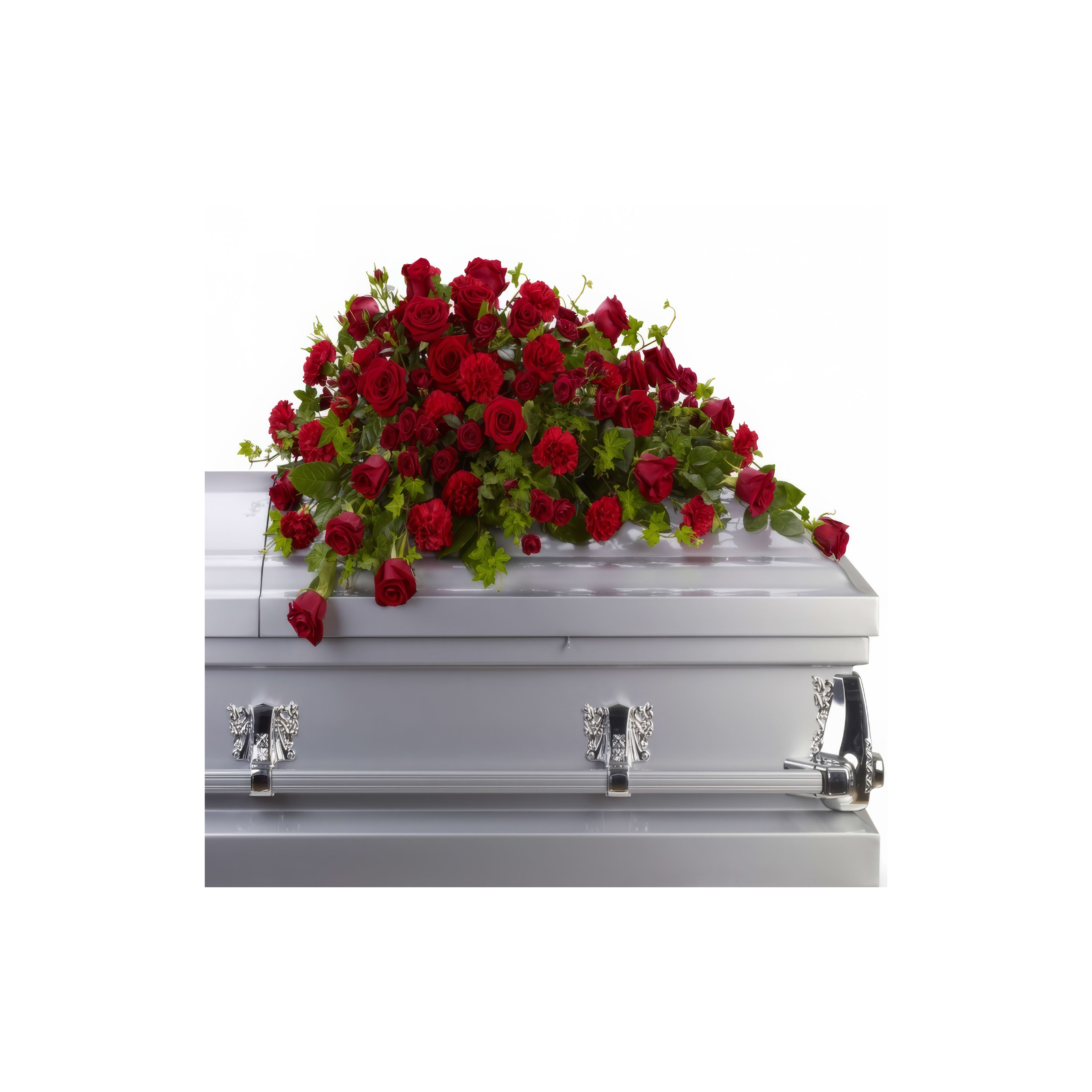 A silver coffin covered with vibrant red roses symbolizes remembrance and love at a memorial.