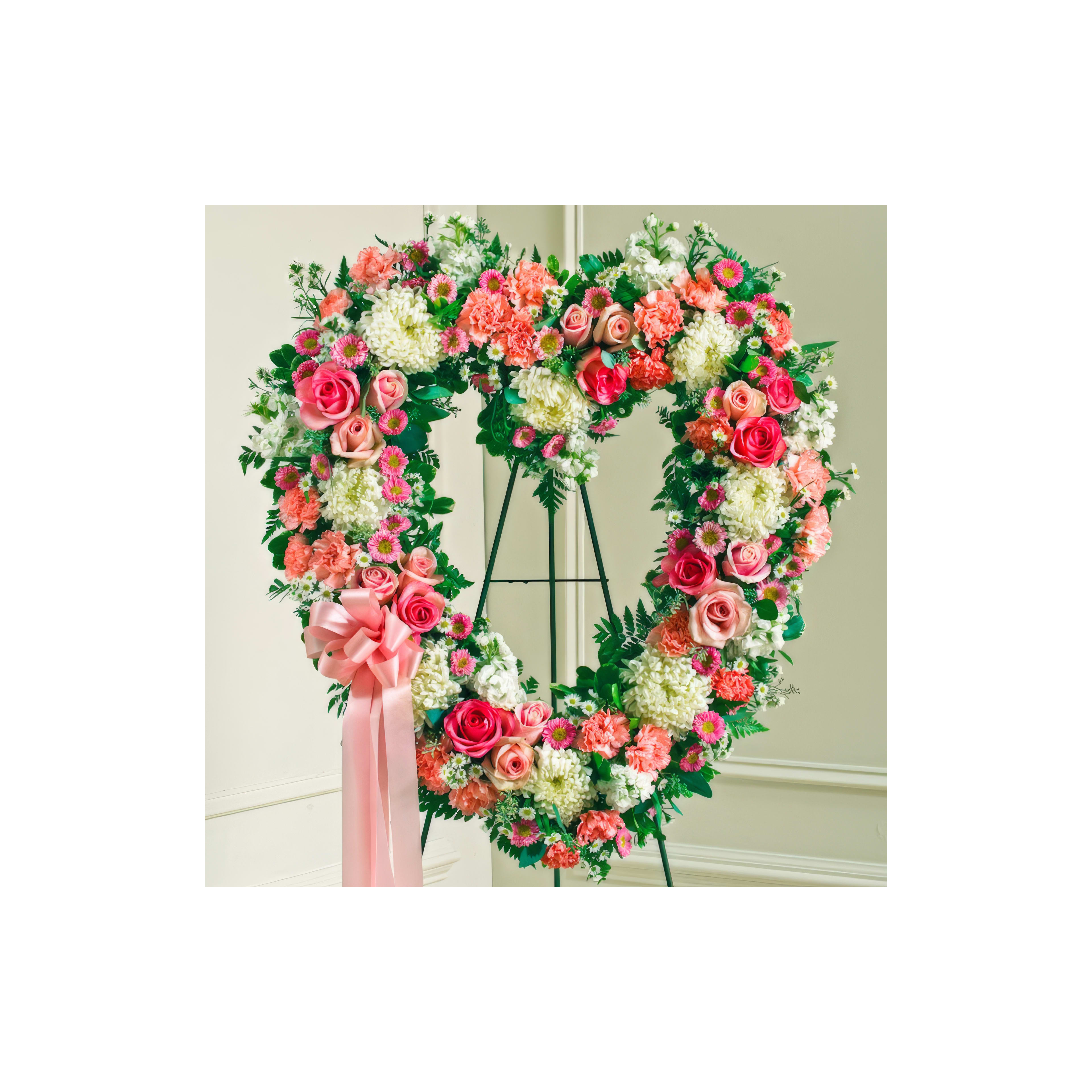 A heart-shaped floral arrangement featuring pink and white roses, set indoors on a stand.