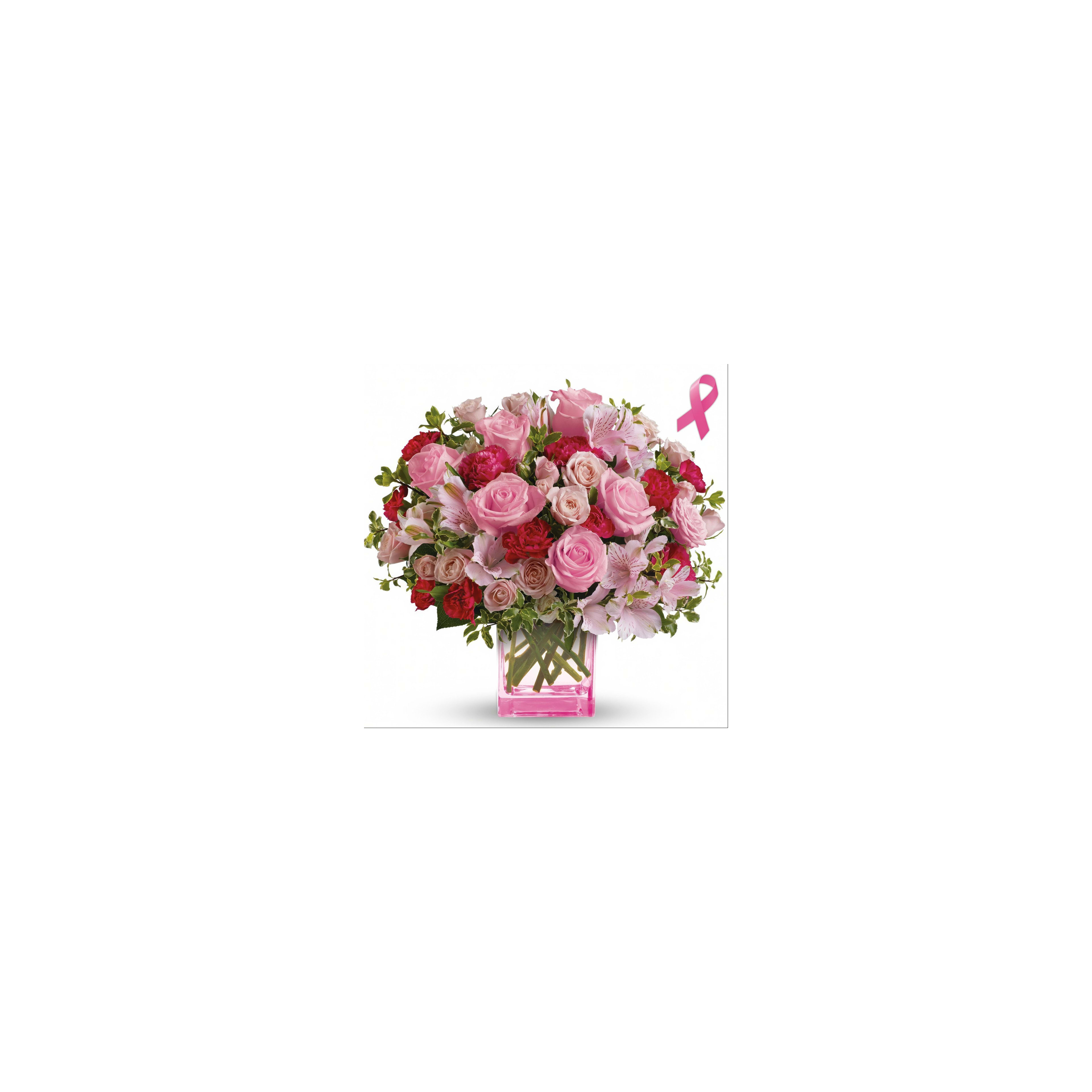 Fresh flowers highlight shades of pink and red in a clear vase with a ribbon in the corner.