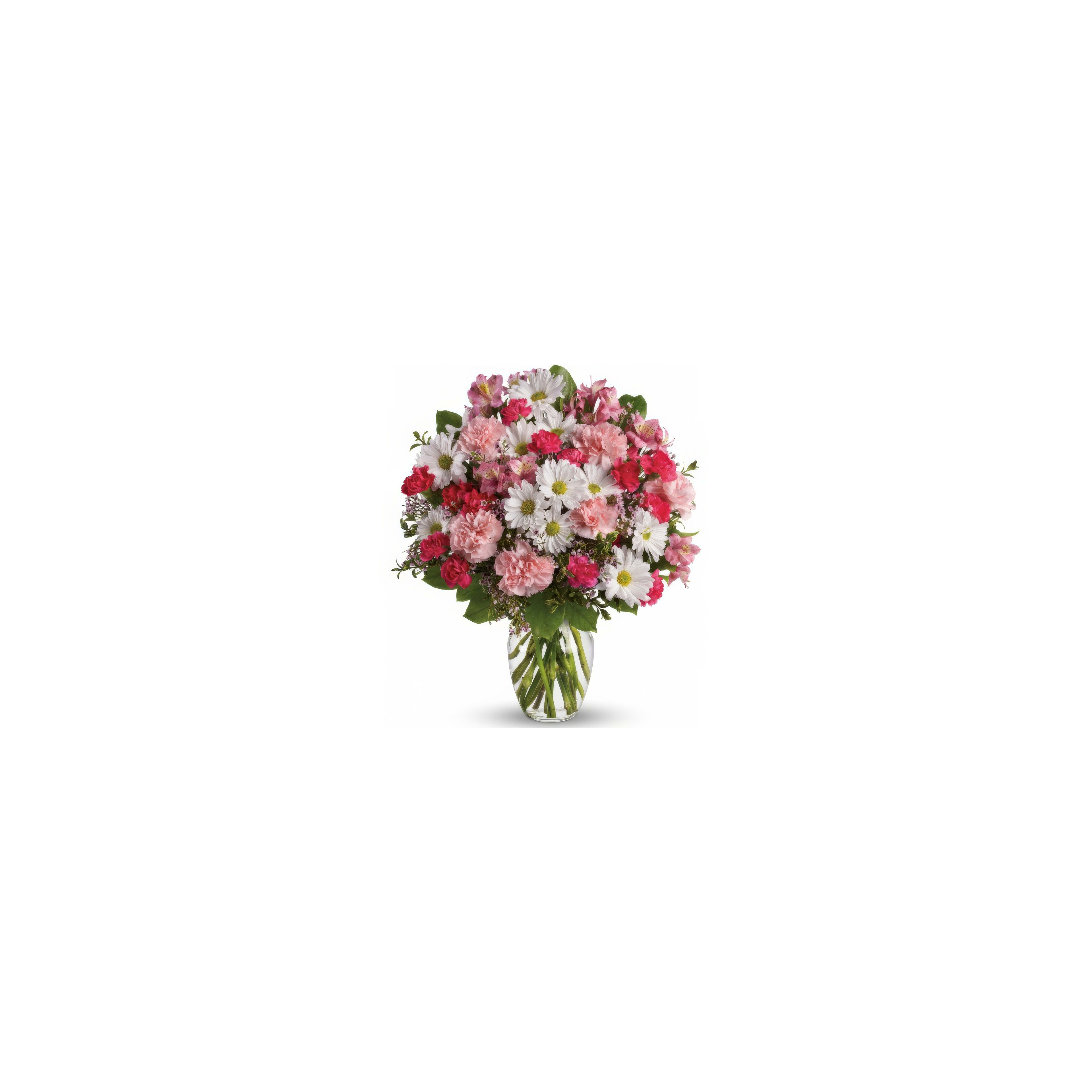 A vibrant bouquet features pink and white flowers designed for home decoration or gifting.