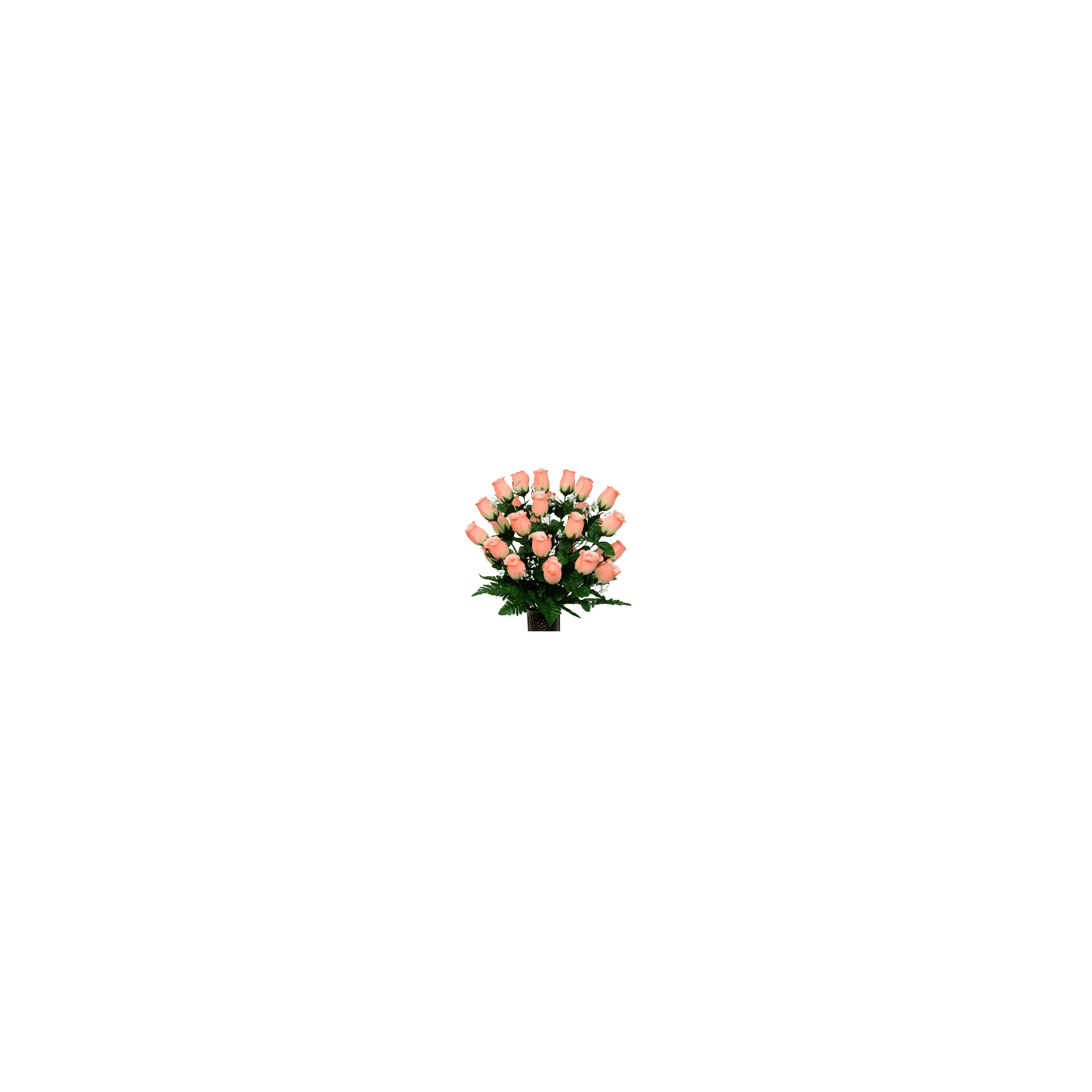 A vibrant bunch of peach roses with greenery creates a lovely display in a vase.