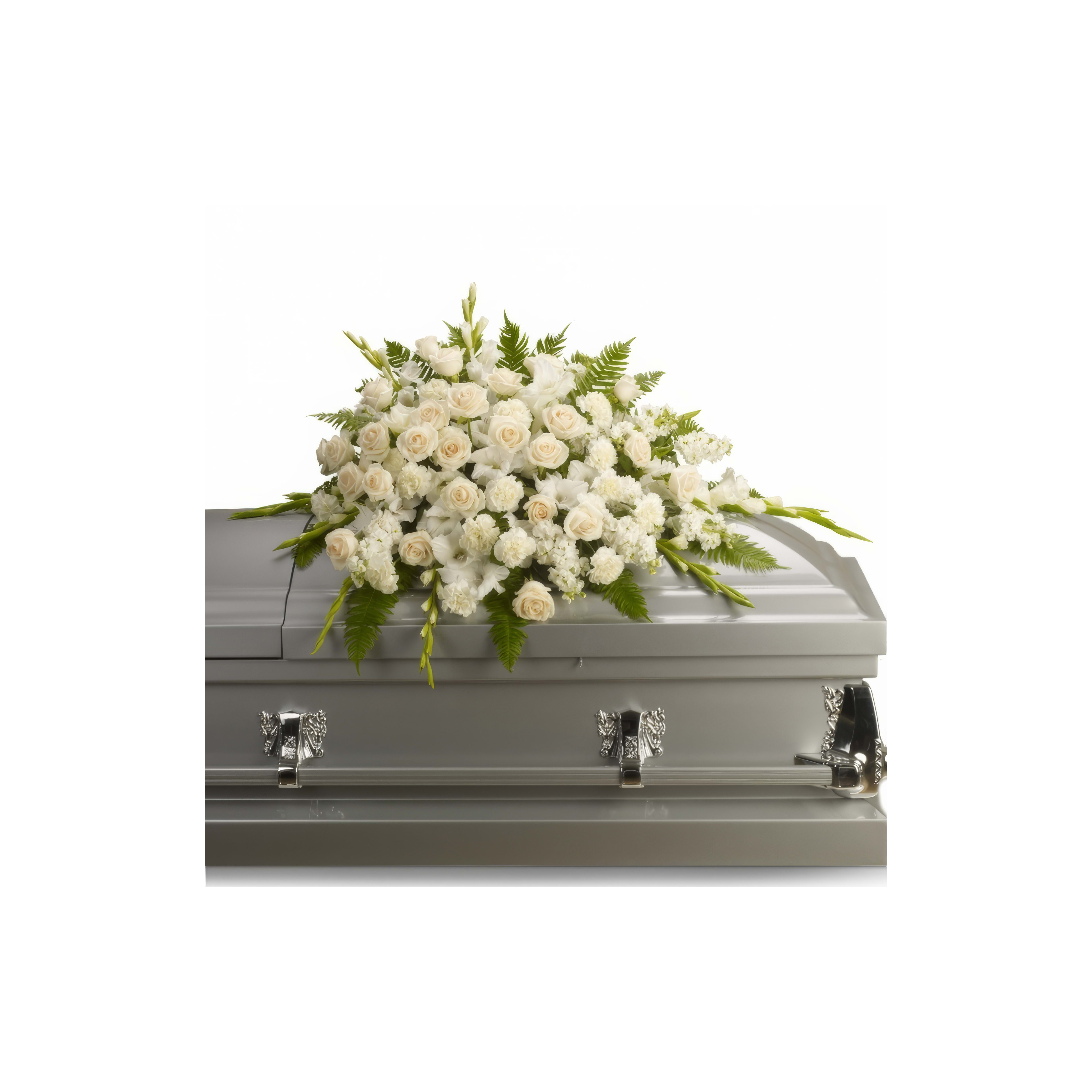 A casket adorned with a serene arrangement of white flowers stands quietly, symbolizing farewell.
