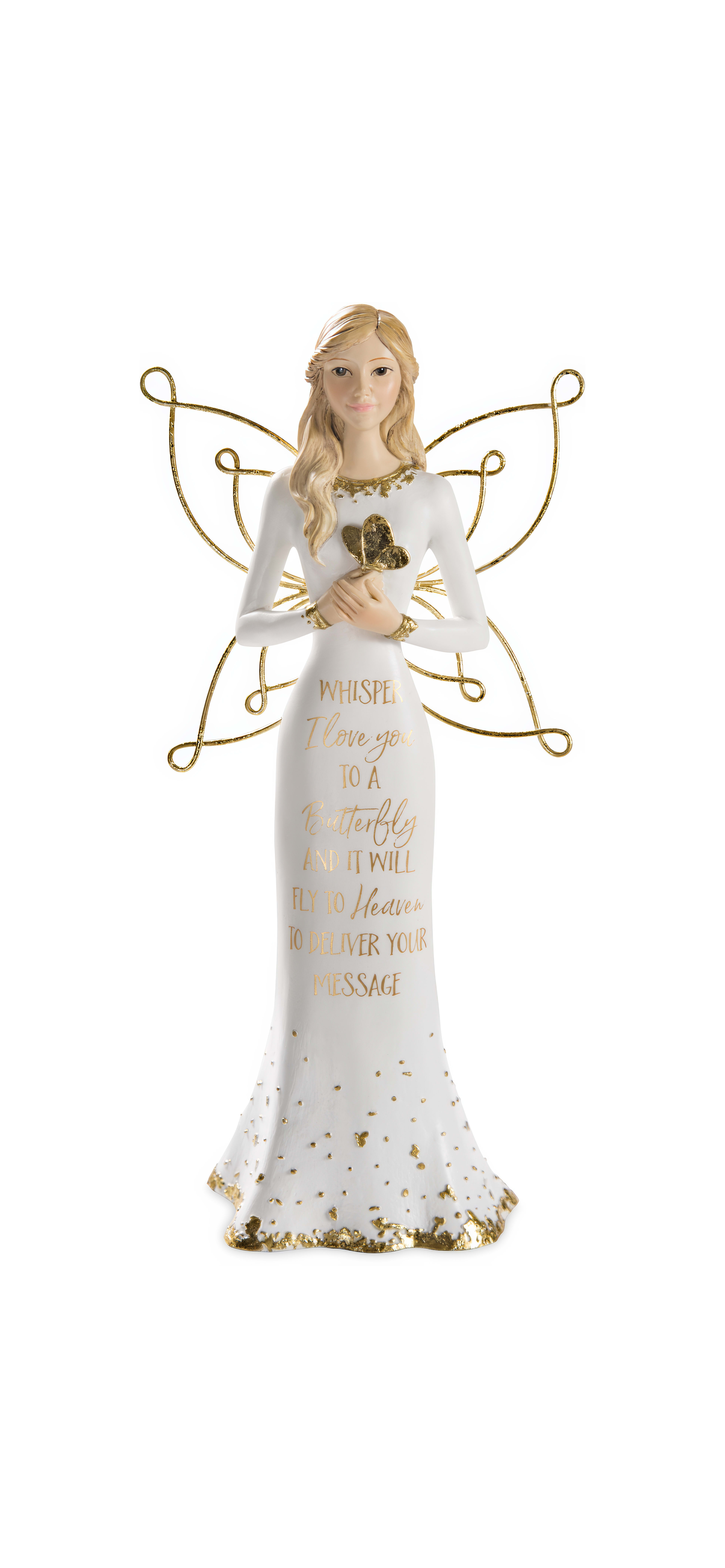 A beautifully crafted angel figurine holds a heart, radiating warmth and love with golden details.