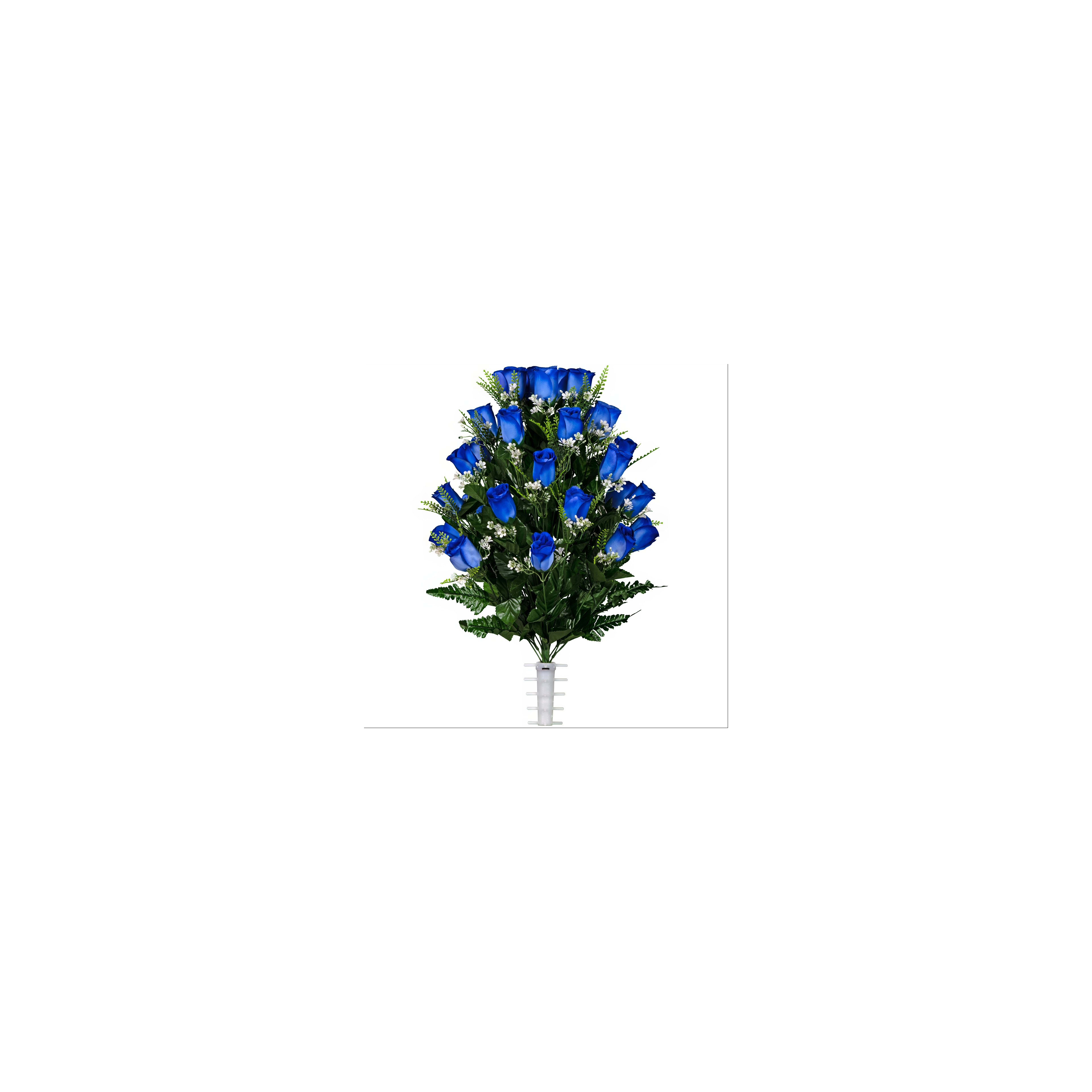 Bright blue roses with green leaves create an eye-catching bouquet perfect for any occasion.