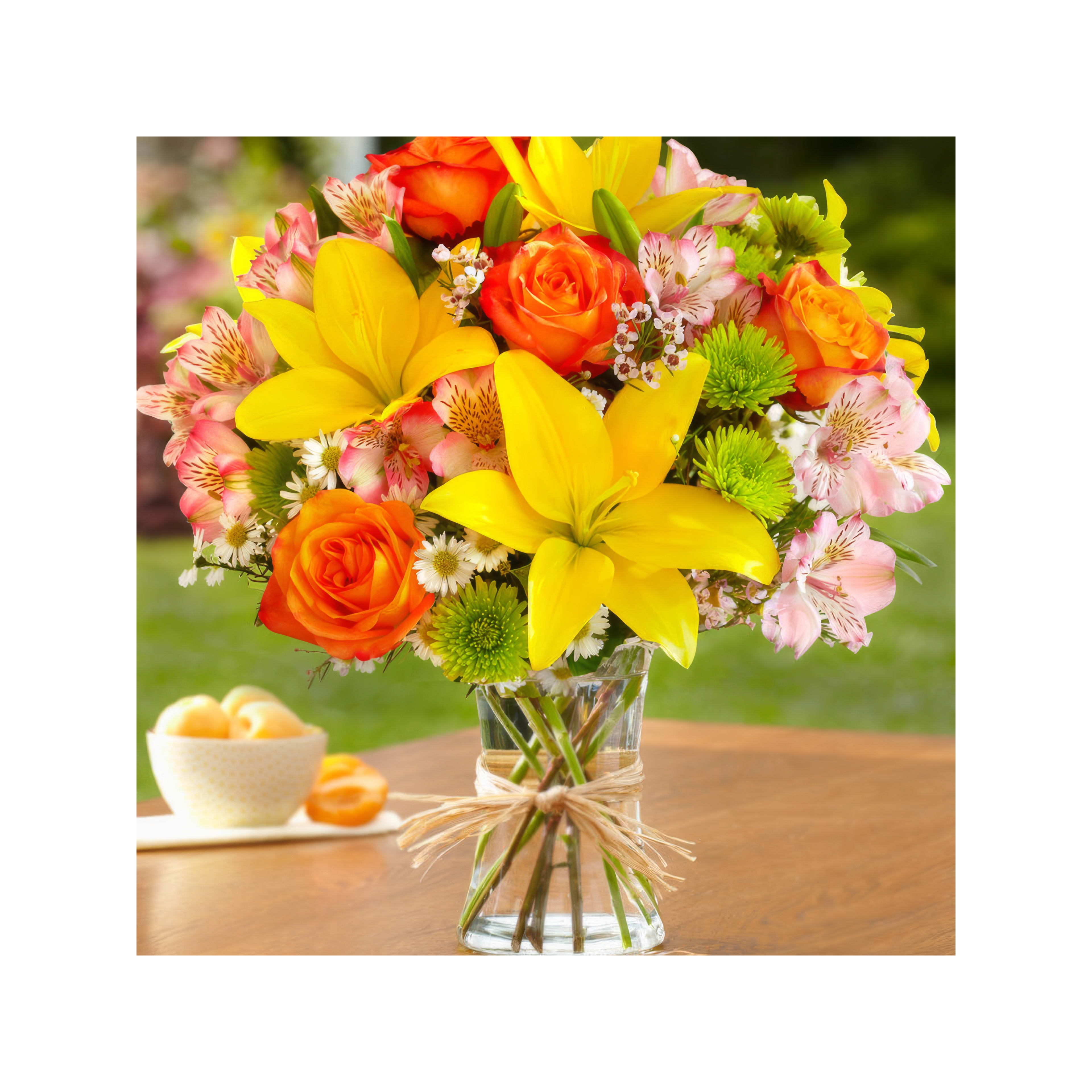 Colorful bouquet of lilies, roses, and daisies in a clear vase on a sunny table.