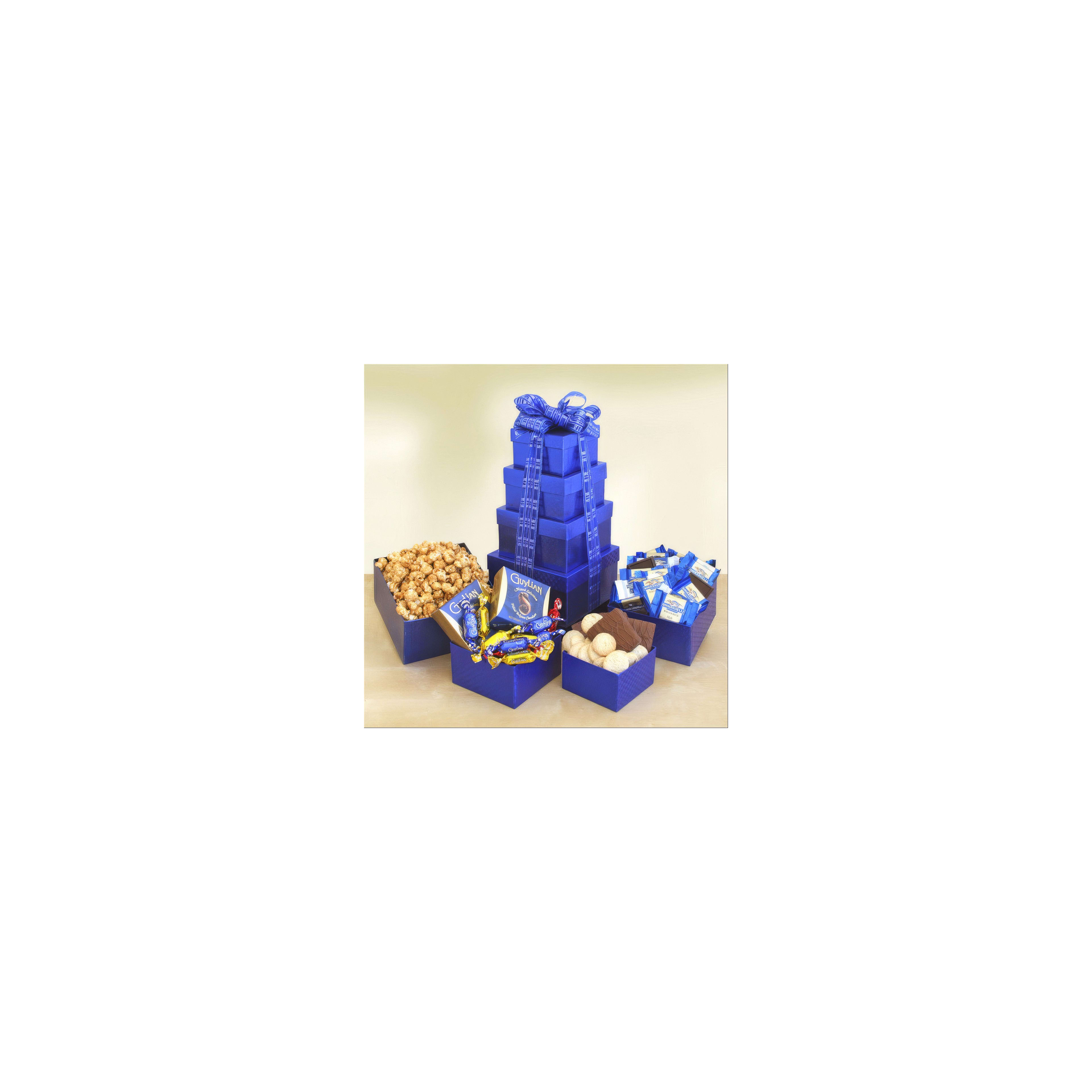 A tall gift tower filled with chocolates and snacks is beautifully arranged for celebration.