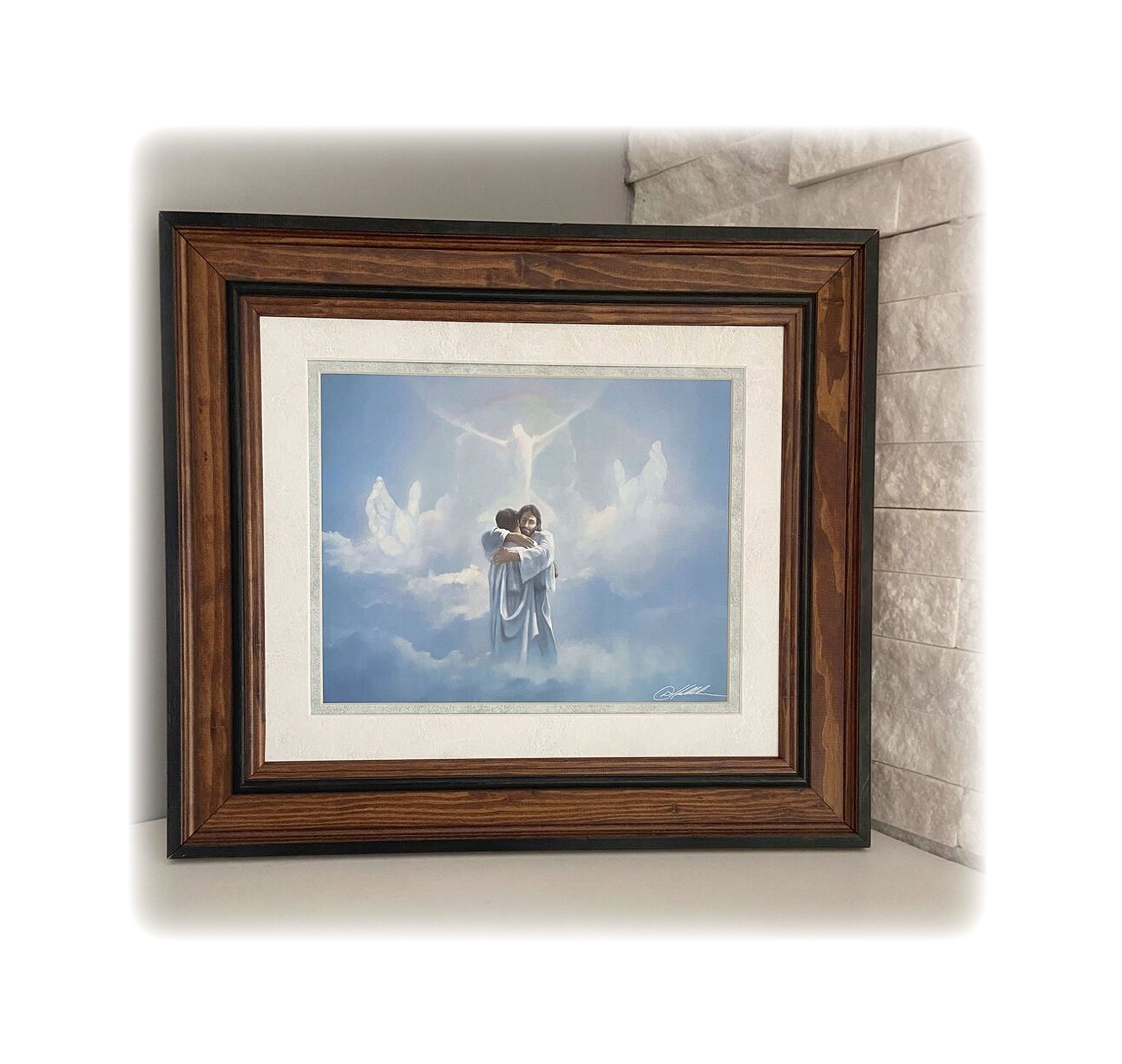 A couple embraces in a serene heavenly atmosphere with clouds and soft light.