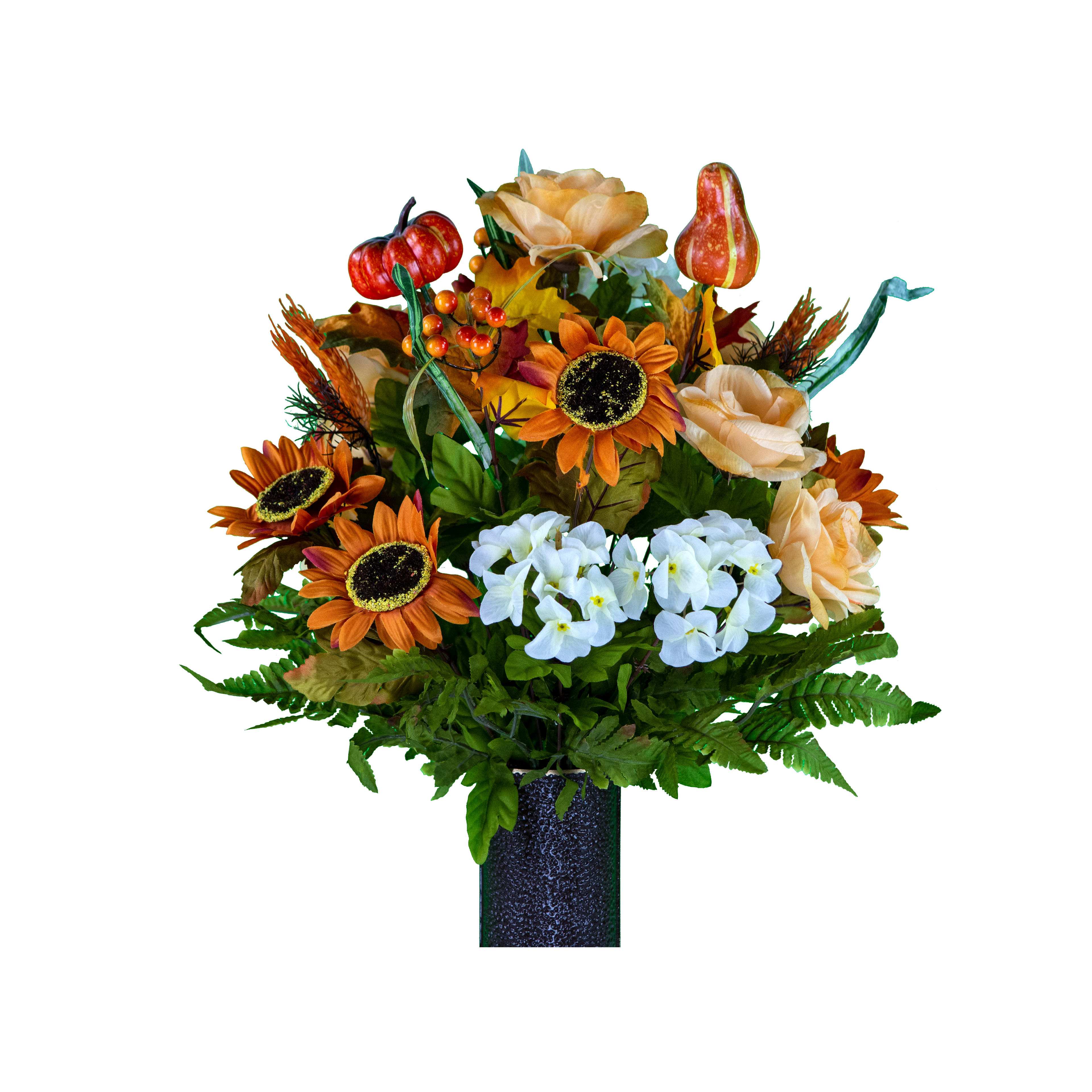 Vibrant orange and white flowers with decor make a festive autumn display.