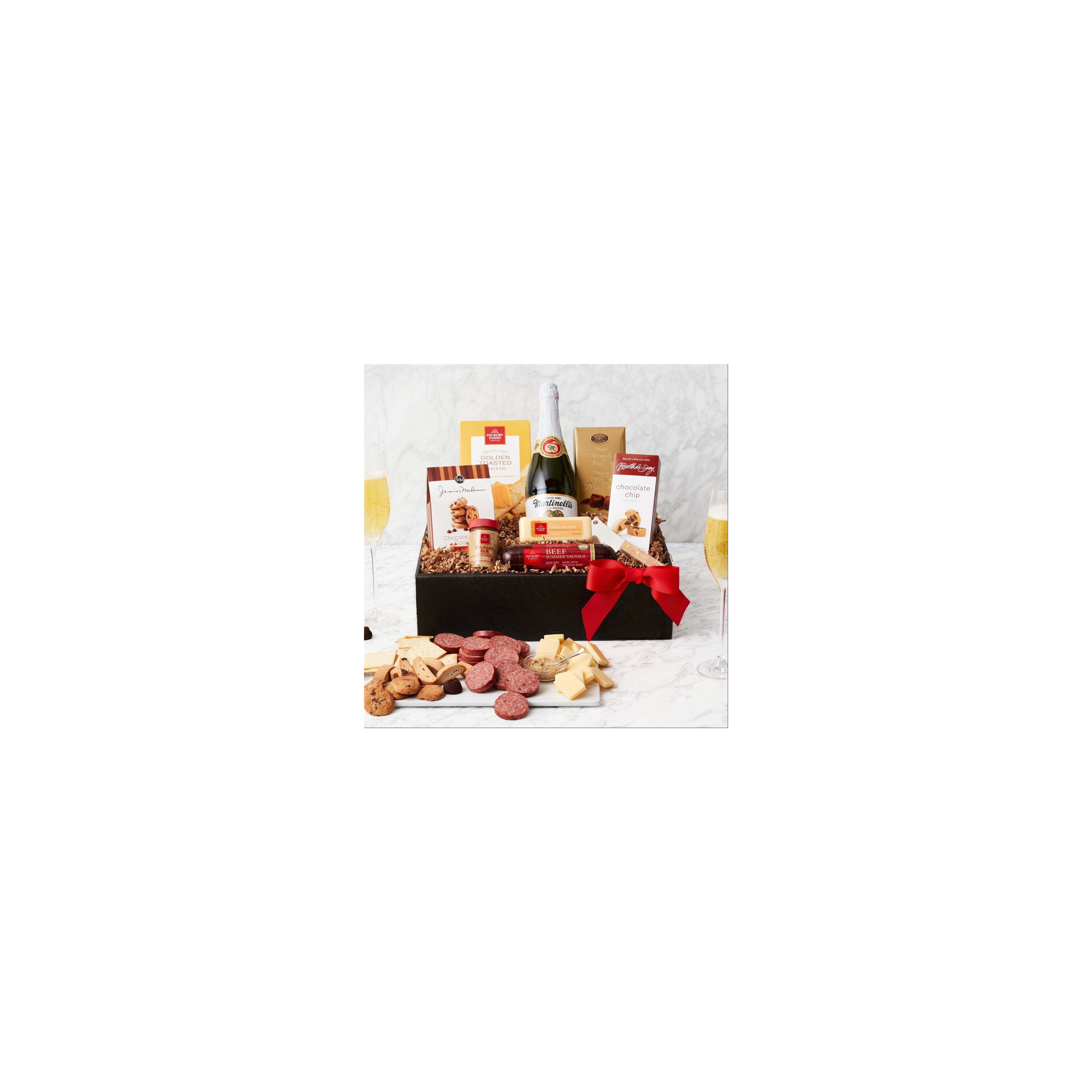 A lovely basket features tasty cookies, snacks, and a drink, ideal for celebrations.