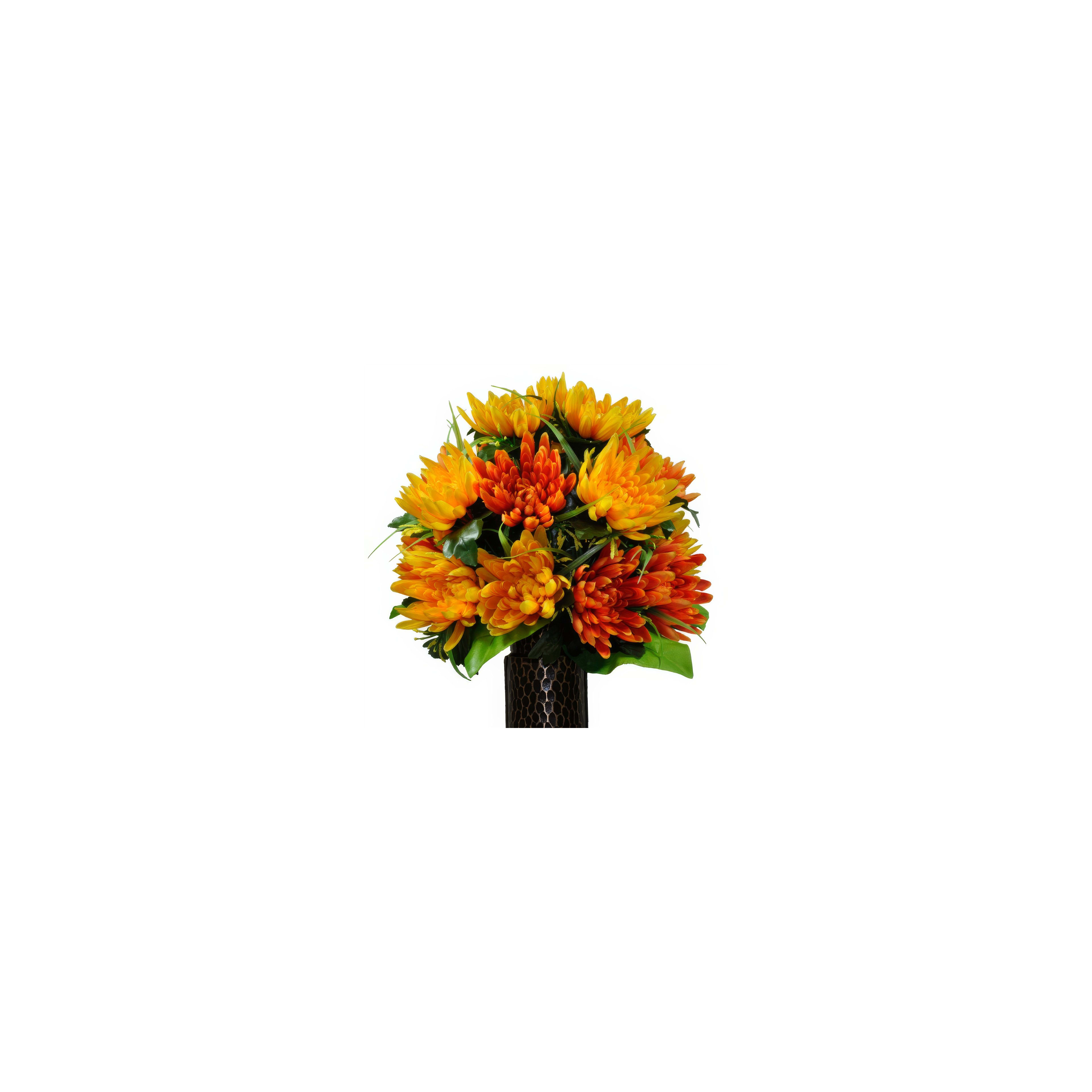 A beautiful bouquet of orange and yellow flowers sits in a dark vase, perfect for home decor.