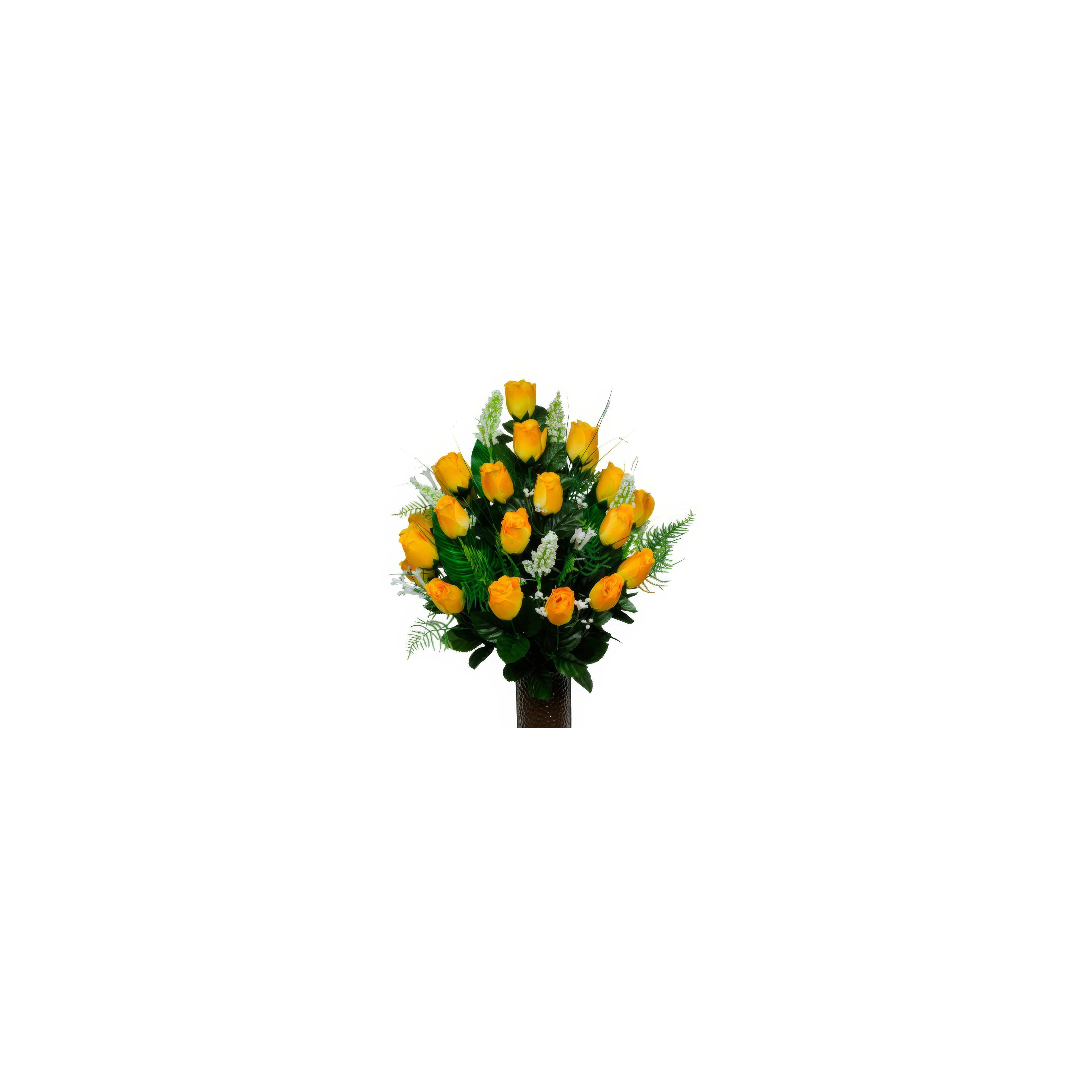 A vibrant bouquet of yellow roses and white flowers arranged elegantly for decor.
