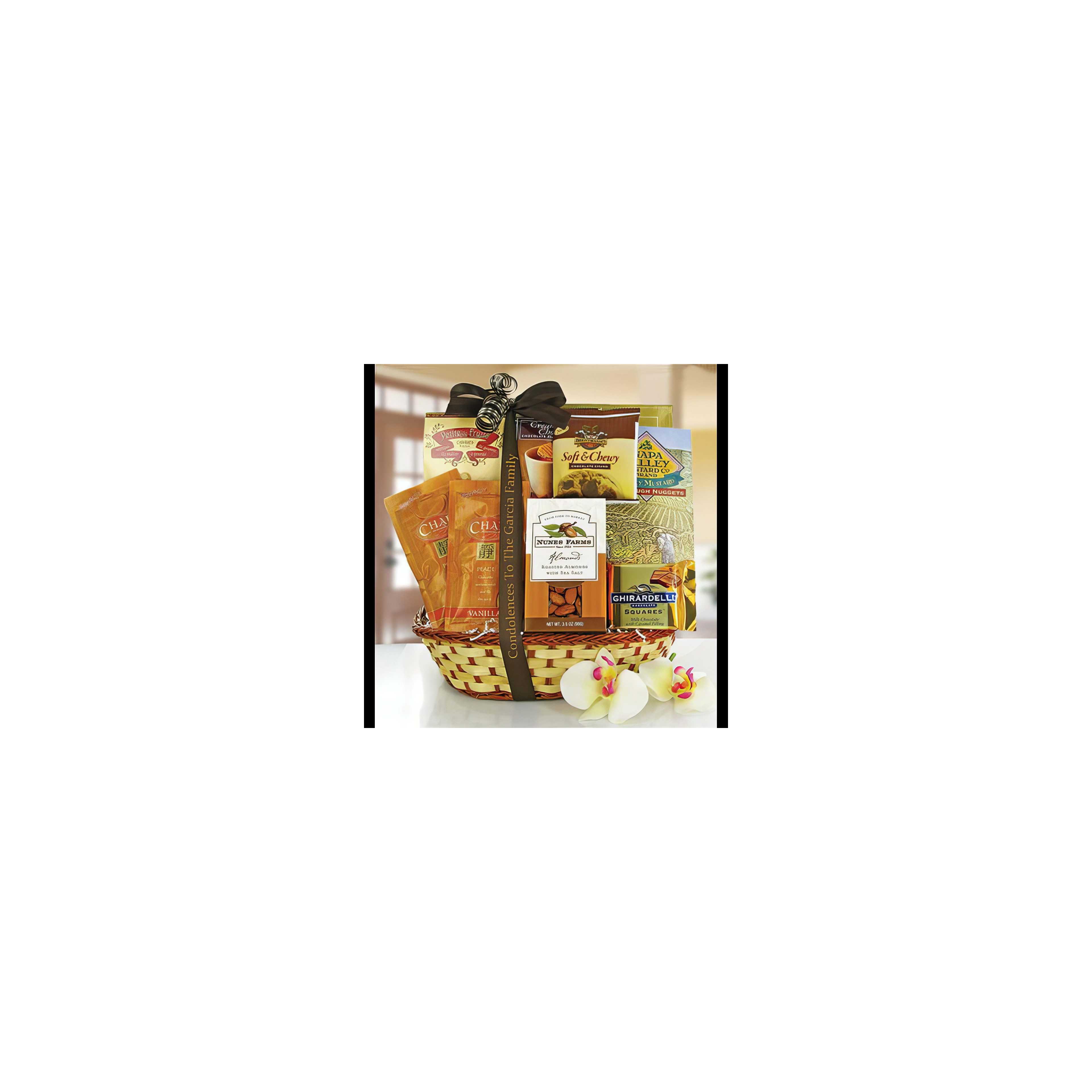 A beautifully arranged gift basket features various gourmet snacks and treats perfect for sharing.
