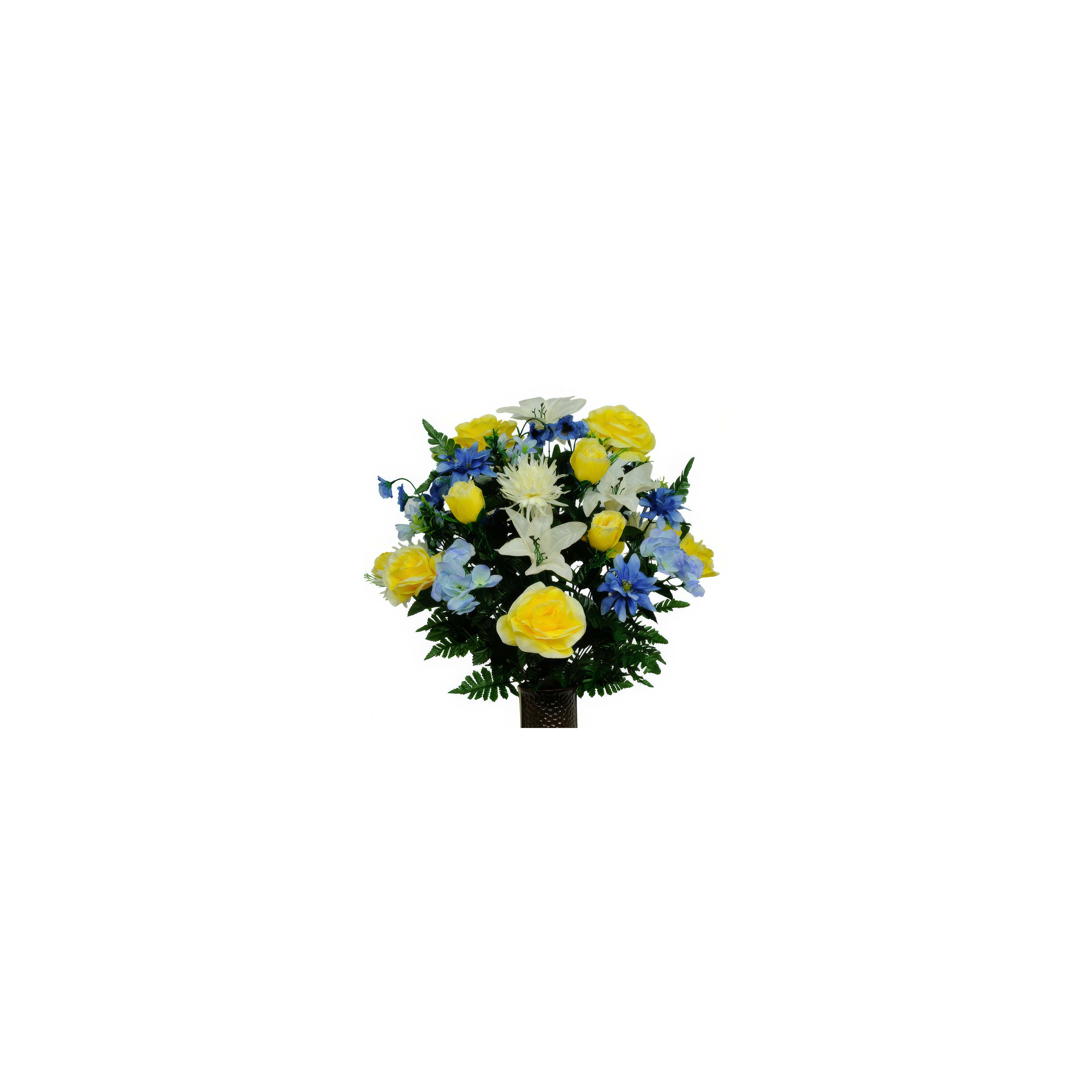 A vibrant bouquet of yellow roses and blue flowers brings cheer to any room throughout the day.