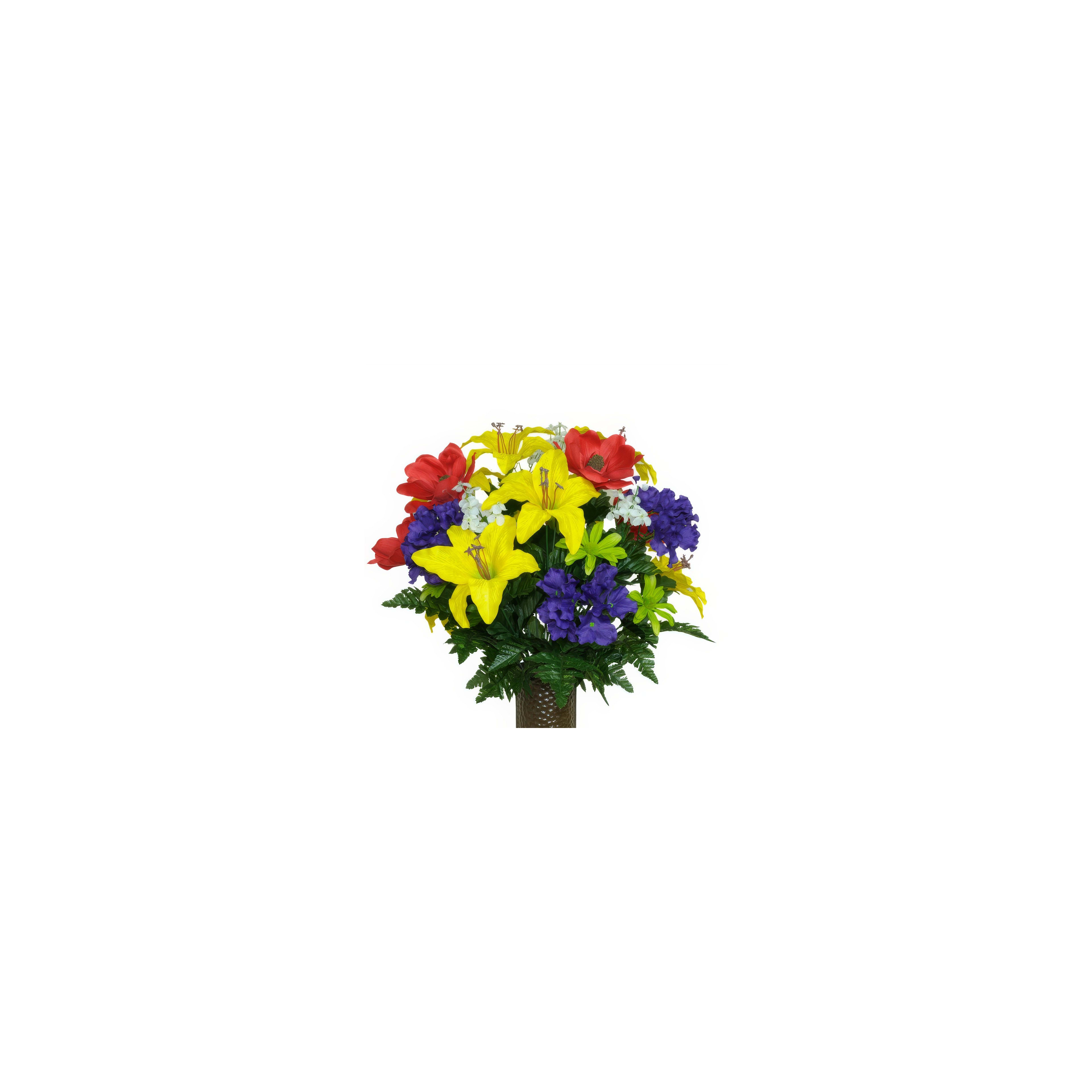 Colorful red, yellow, and purple flowers make a vibrant centerpiece for decoration.
