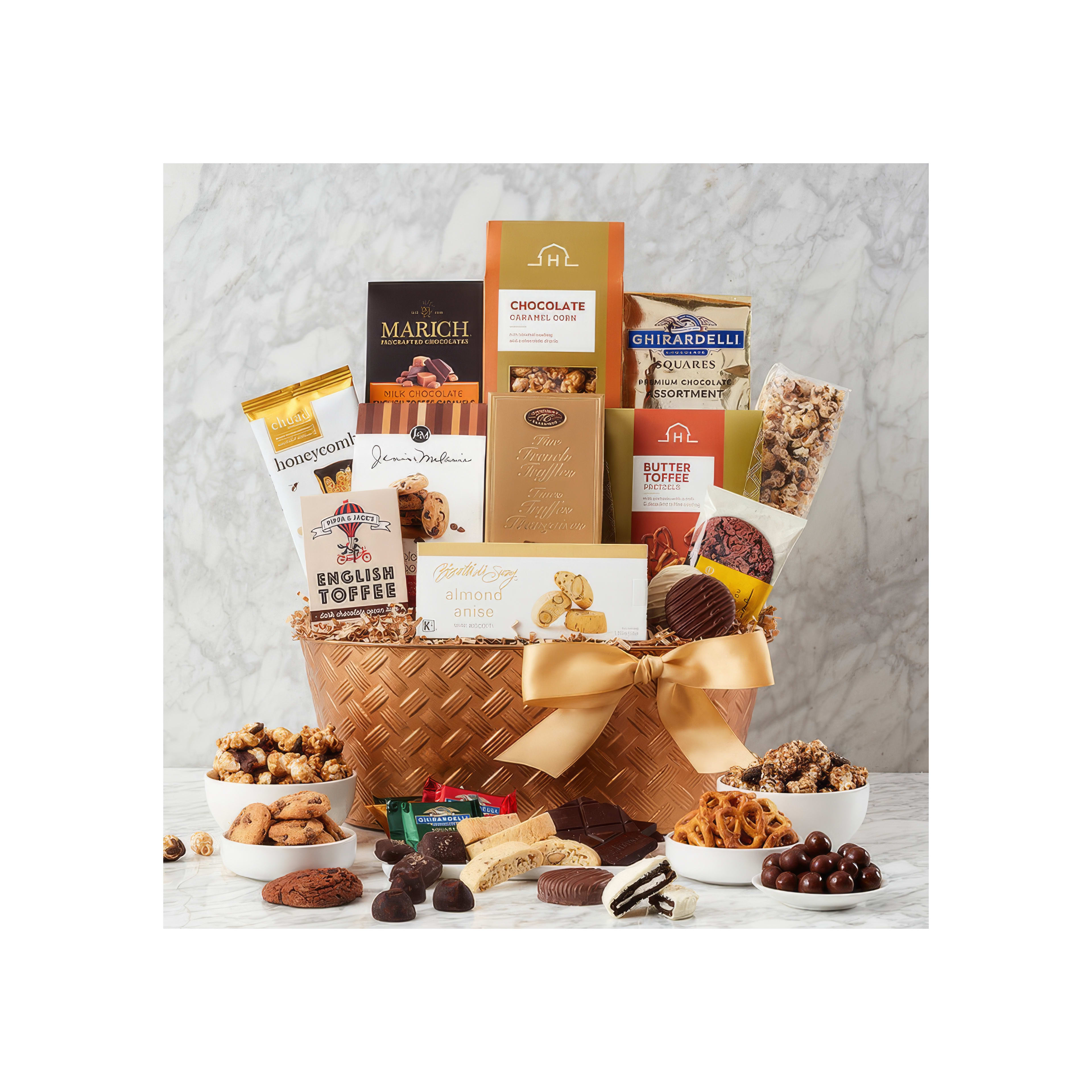 A stunning gift basket filled with gourmet snacks and sweets, ideal for any occasion.