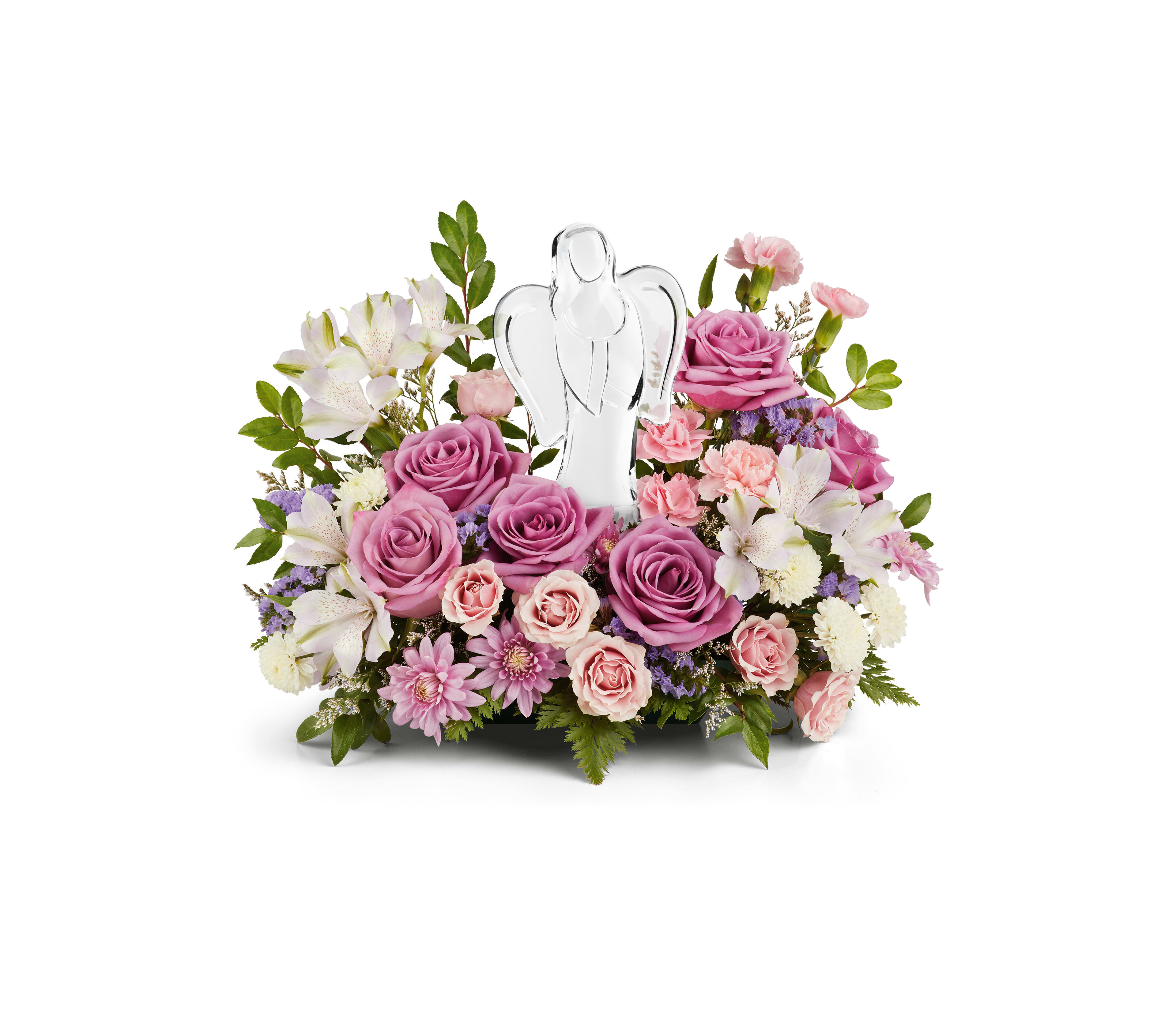 A glass angel statue in a bouquet of flowers