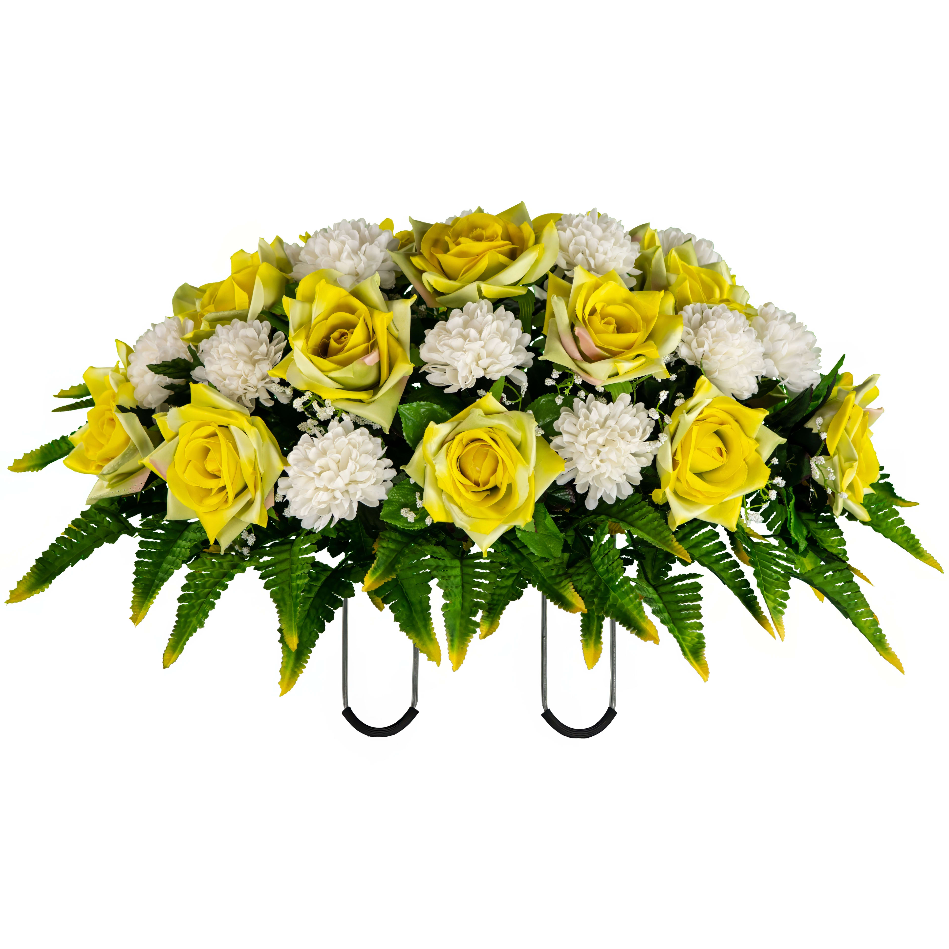 Vibrant yellow roses and white blooms create a heartfelt floral arrangement for a tribute.