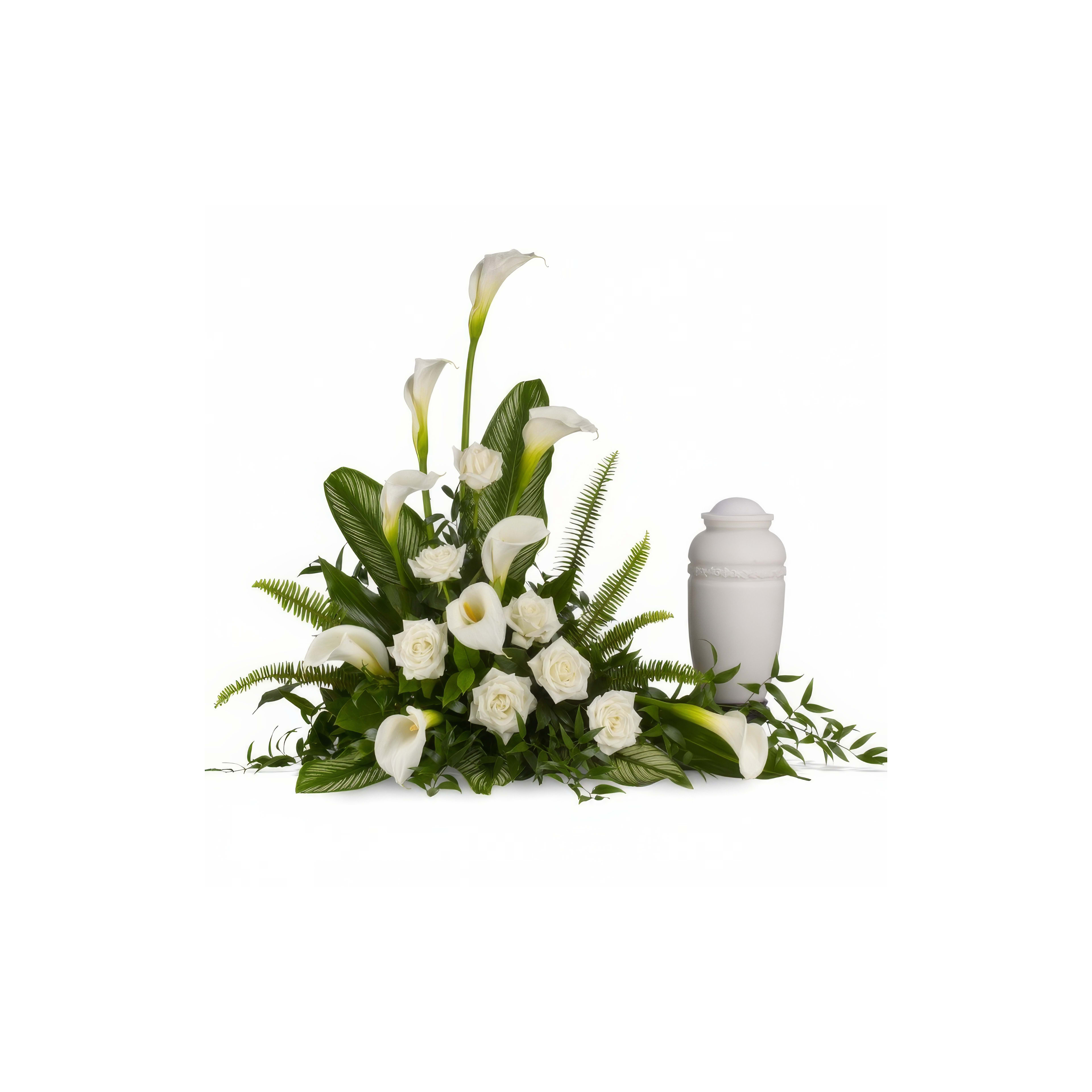 Stunning floral arrangement of white calla lilies and roses in a tasteful urn for remembrance.
