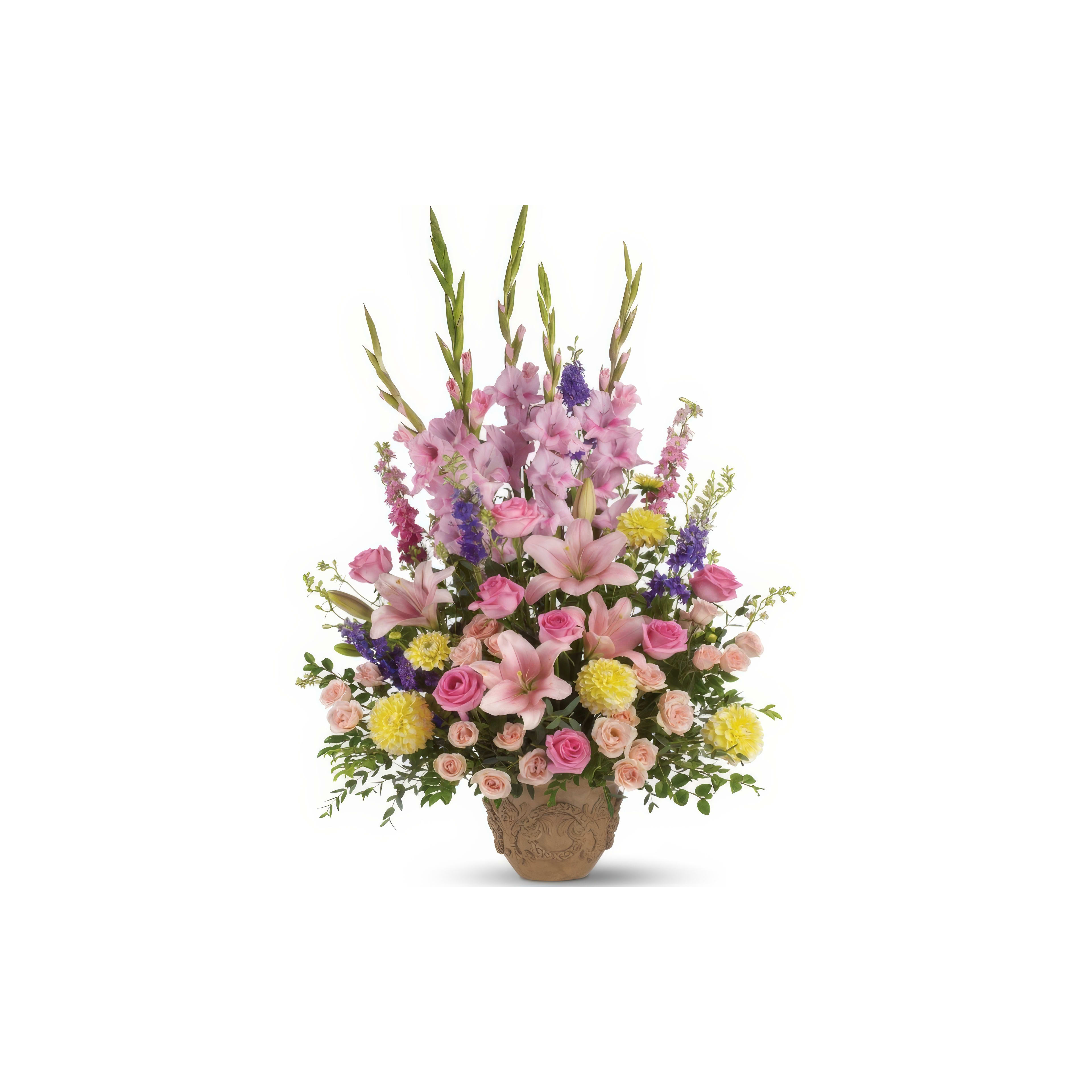 Bright and vibrant arrangement includes lilies, roses, and other flowers in a decorative vase.