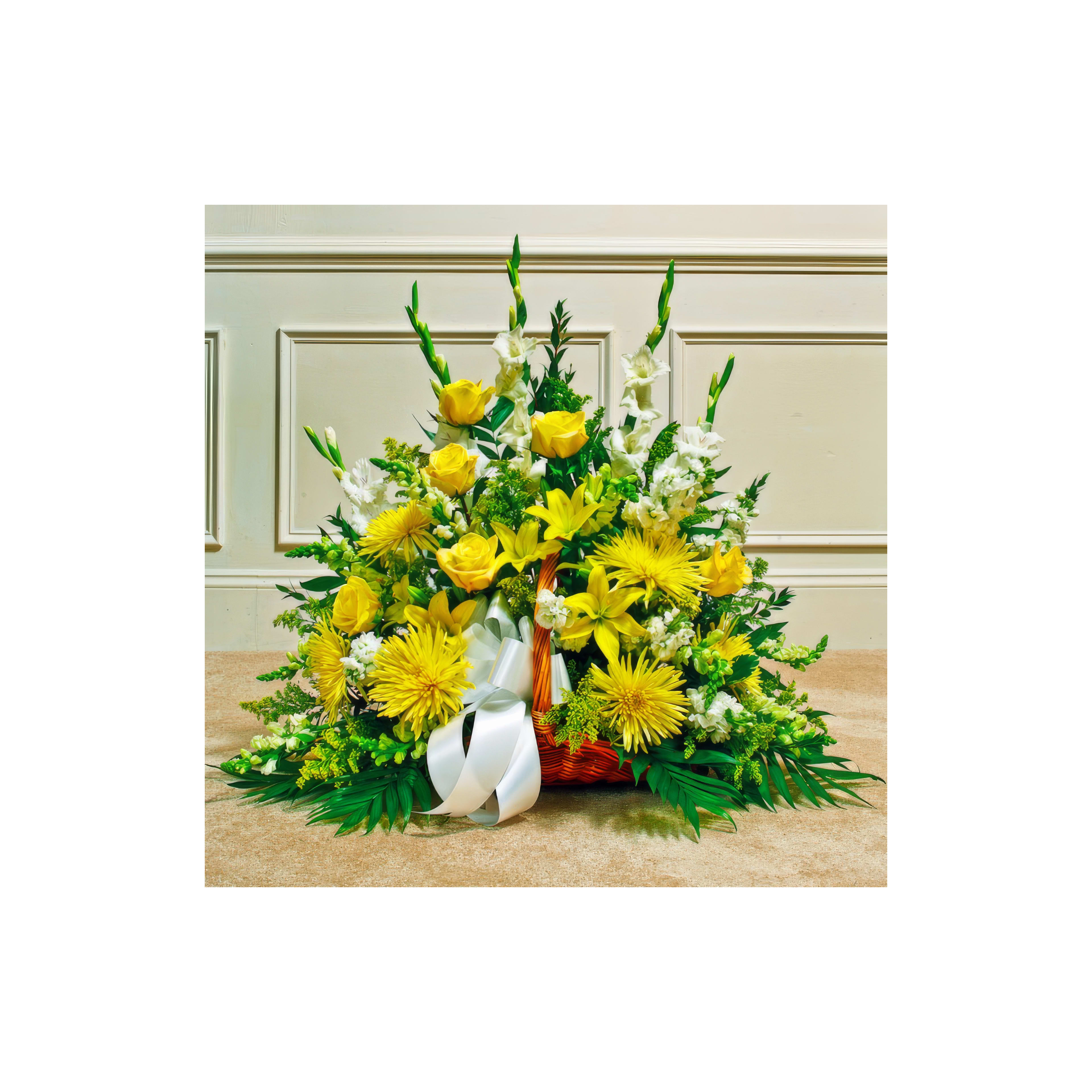 Vibrant bouquet featuring yellow blooms, greens, and decorative ribbon suitable for celebrations.