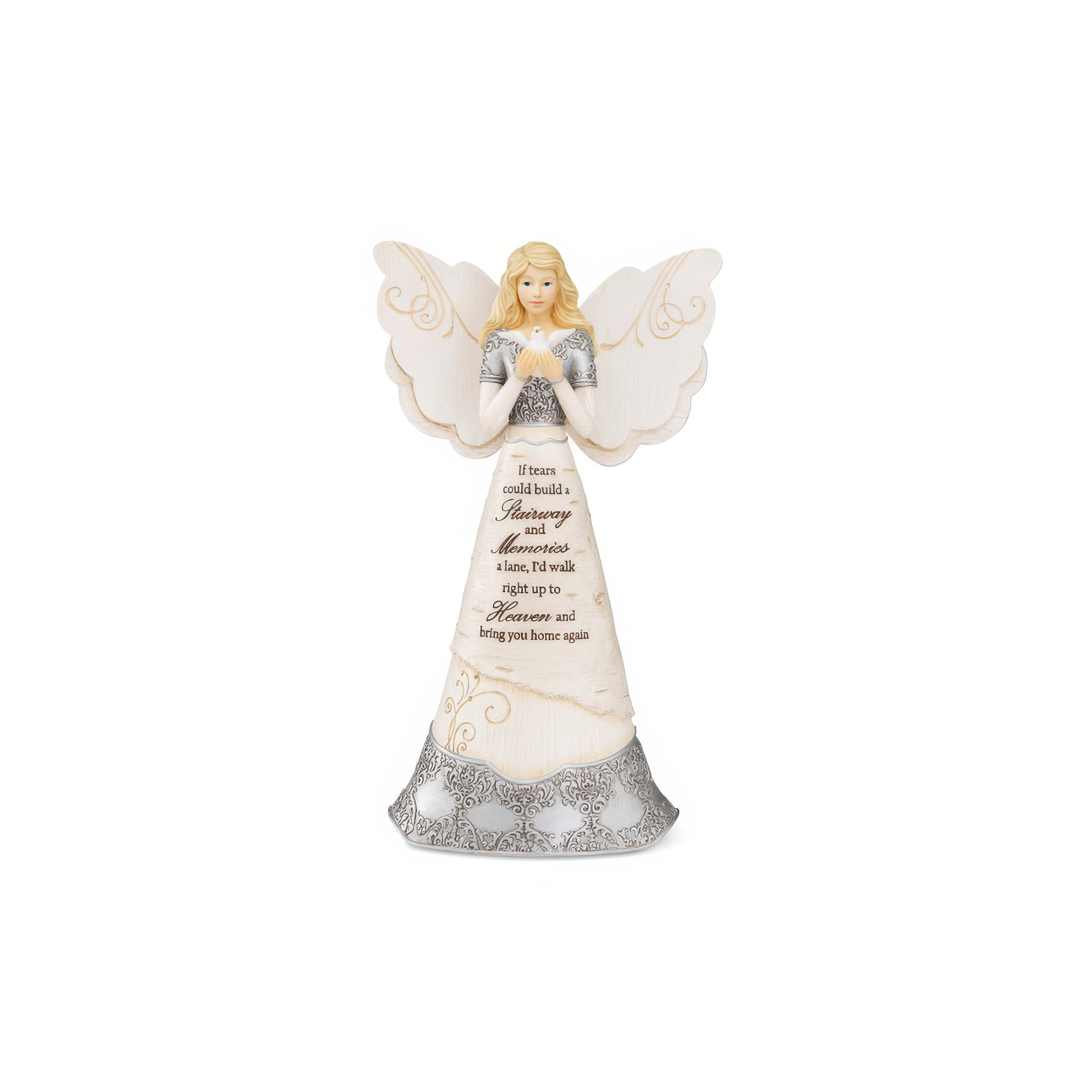 A beautifully crafted angel figurine stands with intricate details, embodying love and remembrance.