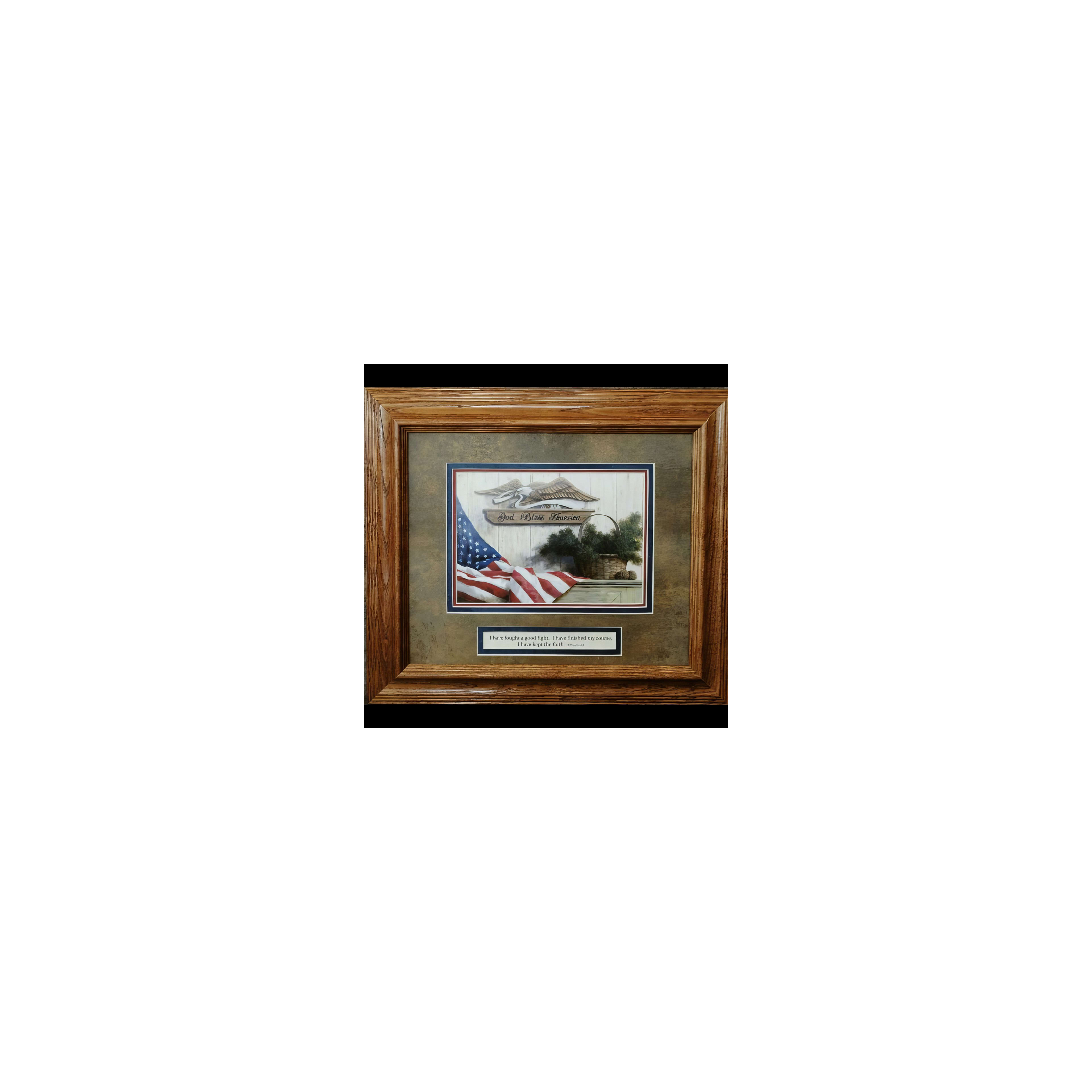 A detailed artwork showcases an American flag, eagle, and a motivational quote, beautifully framed.