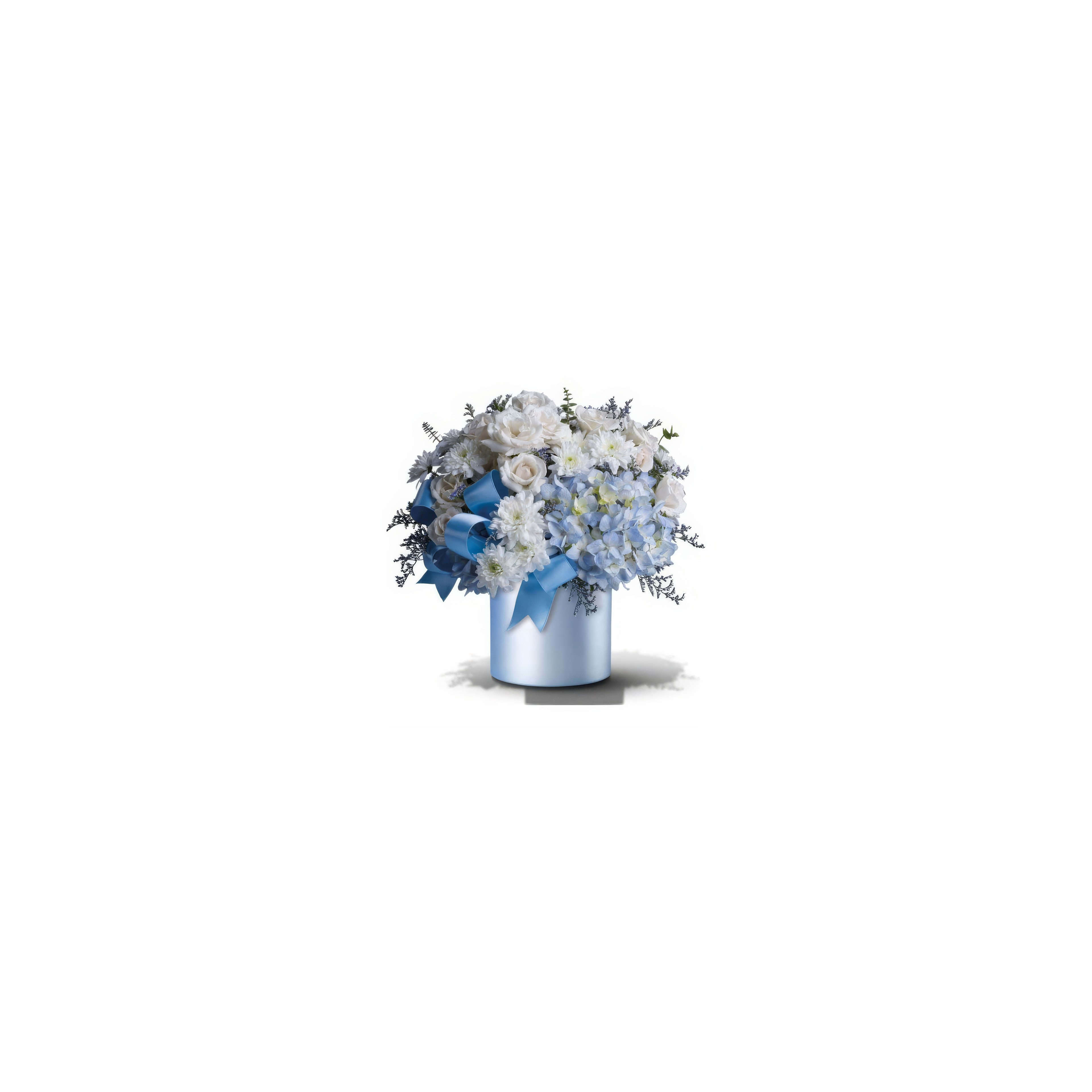 A lovely arrangement of blue and white flowers with ribbons, perfect for any event or celebration.