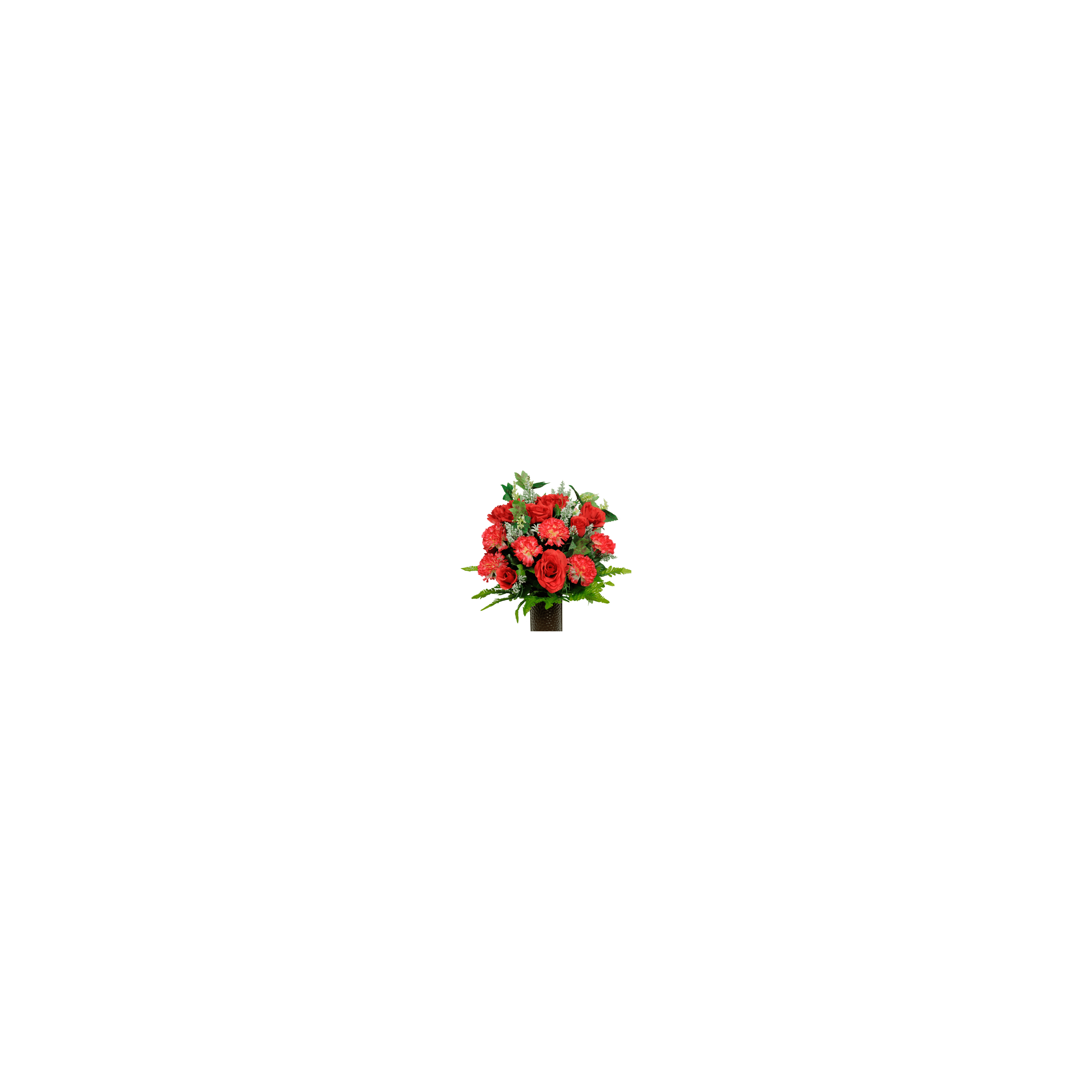 A beautiful floral arrangement displays red roses and mixed flowers in a stylish vase.