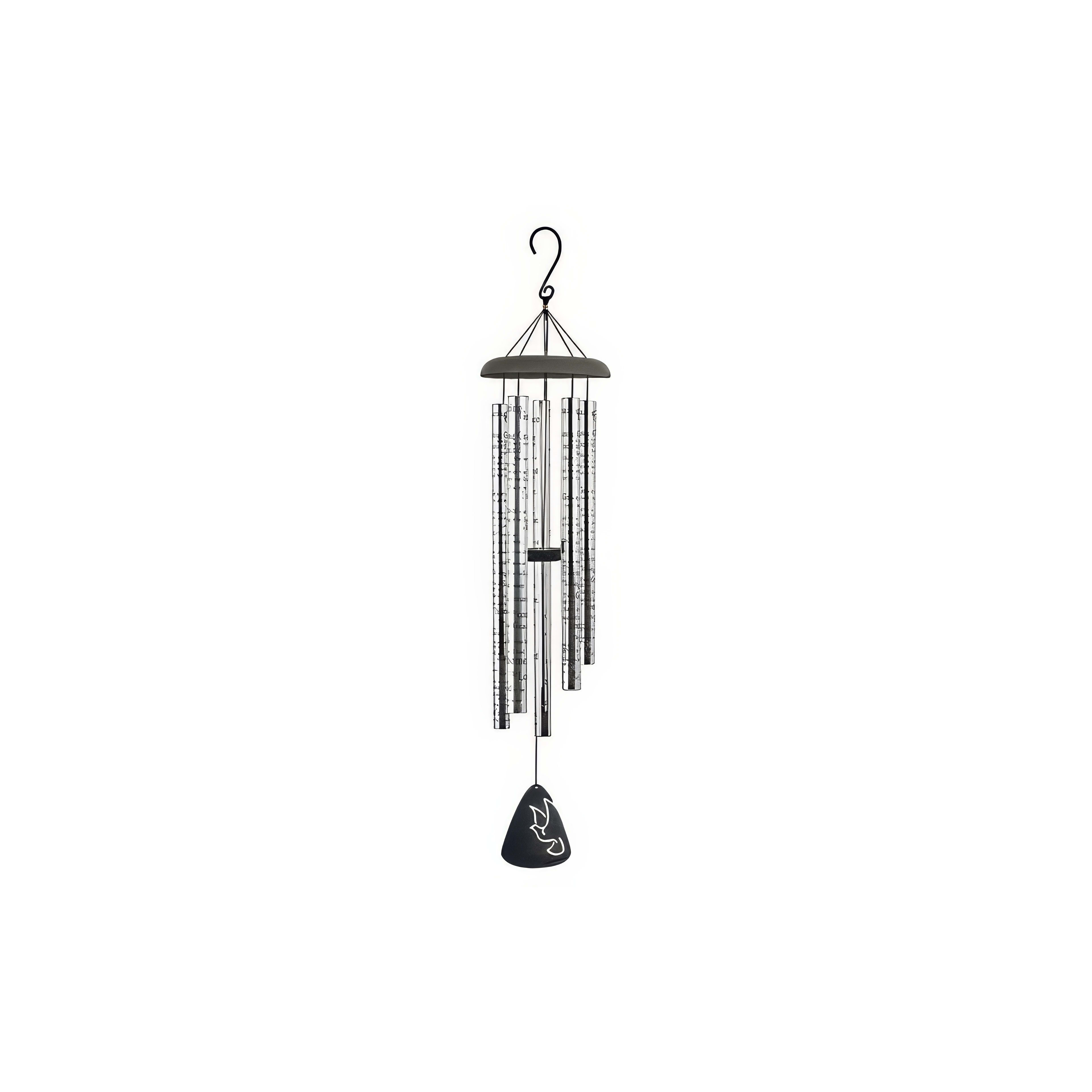 A decorative wind chime sways in the garden, creating calming sounds in the breeze.