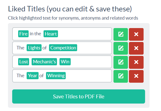 Screenshot of titles that are saved and generated by an AI