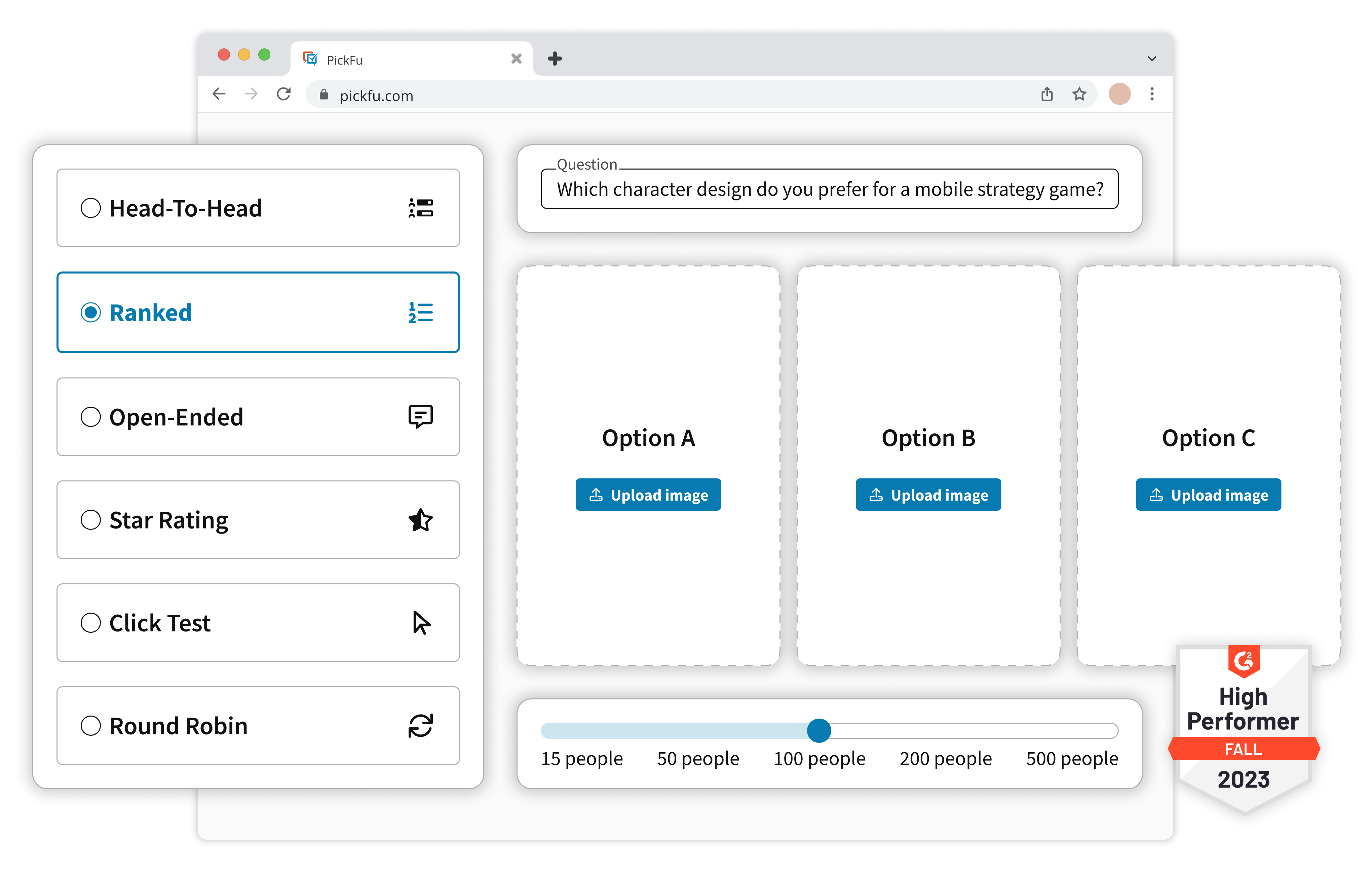 Illustration of the PickFu poll builder, showing question, option, sample size, and poll type fields. A G2 badge in the lower left corner says "Fall 2023 High Performer"