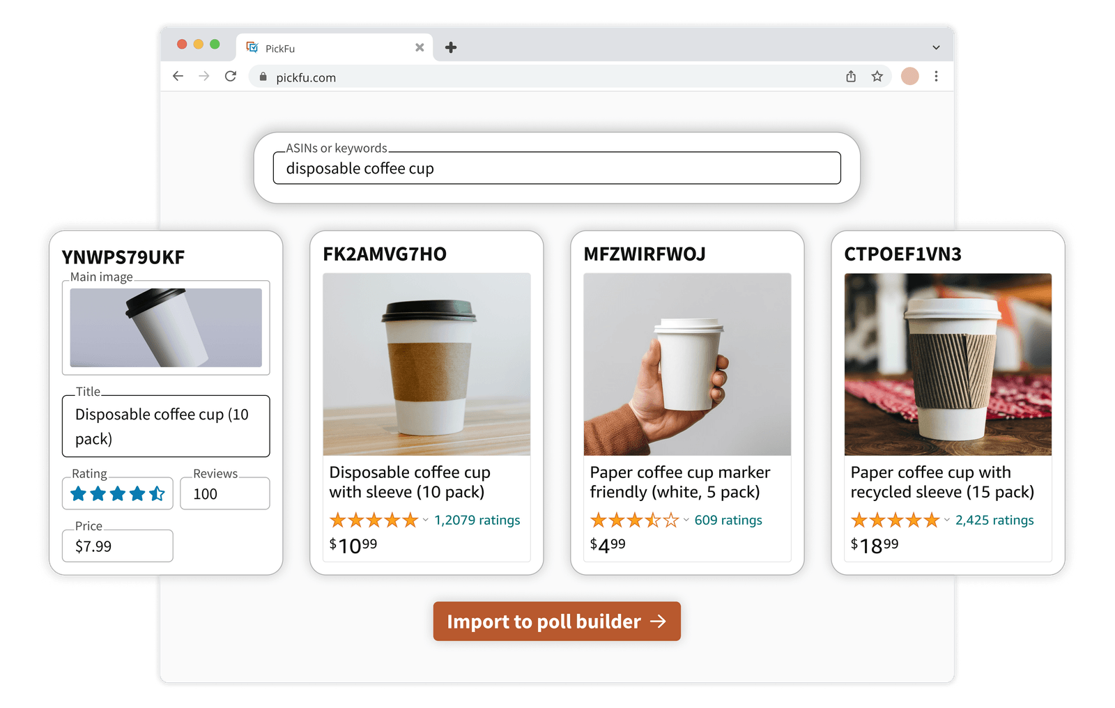 Mockup of the PickFu Amazon Mockup Generator showing four different coffee cup mockups being generated.