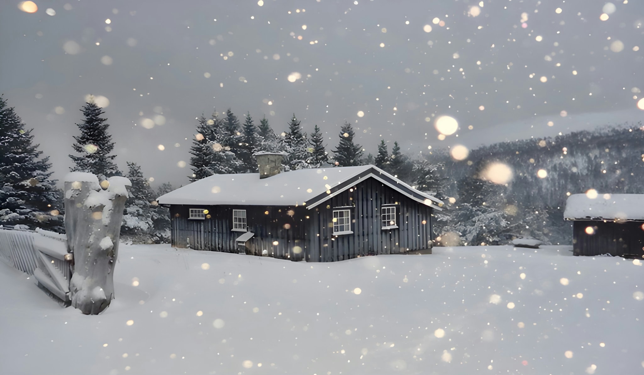 A Norwegian house in heavy snowfall on a winter evening, with snow-covered trees around it