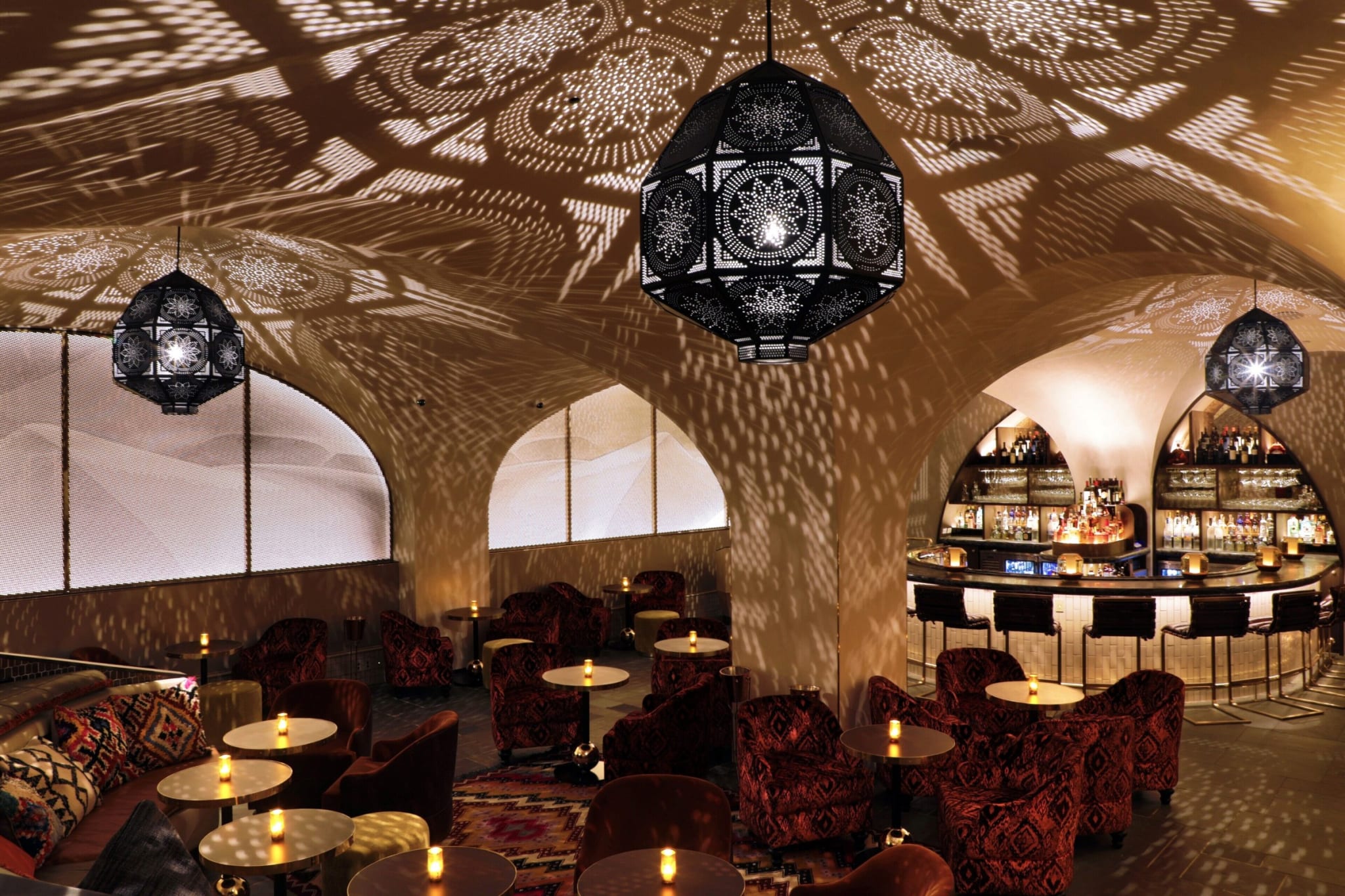 Vaulted cellar bar and restaurant with lanterns at The Bryant Park Hotel