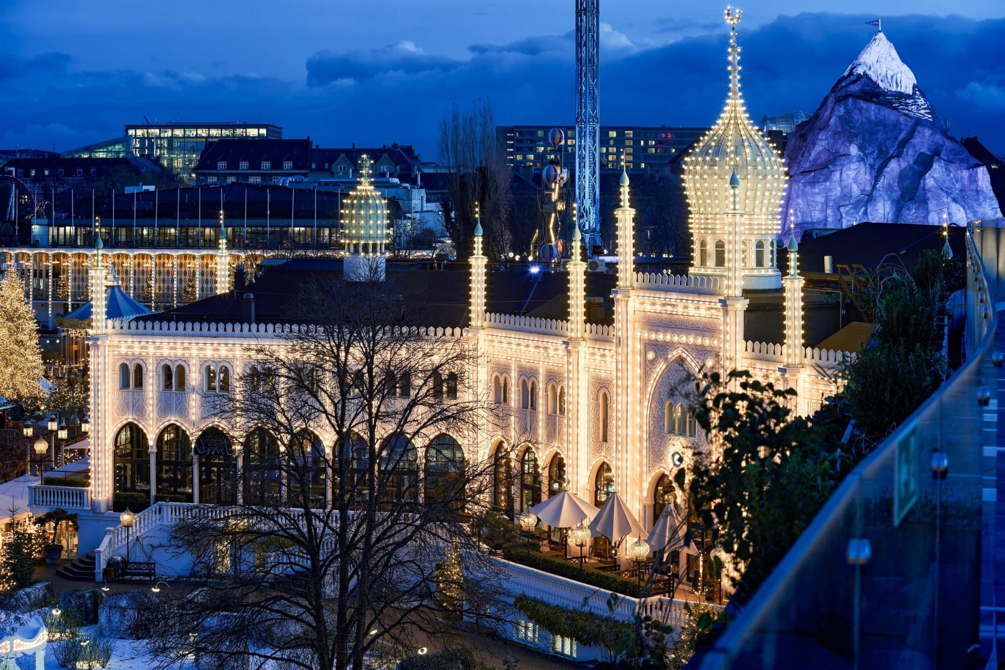Nimb Hotel lit up in Tivoli at night