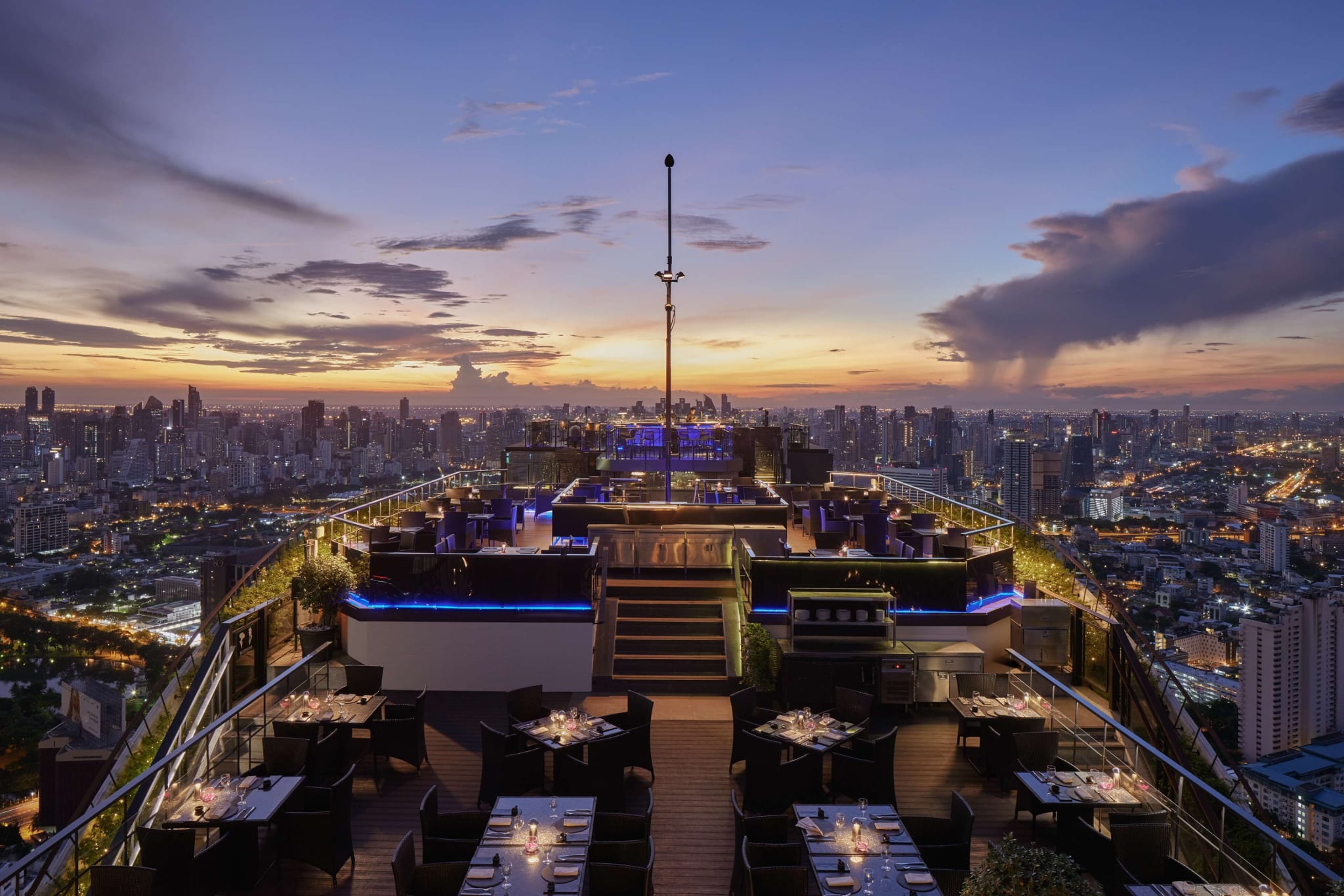 Rooftop restaurant at sunset over Bangkok at Banyan Tree Bangkok