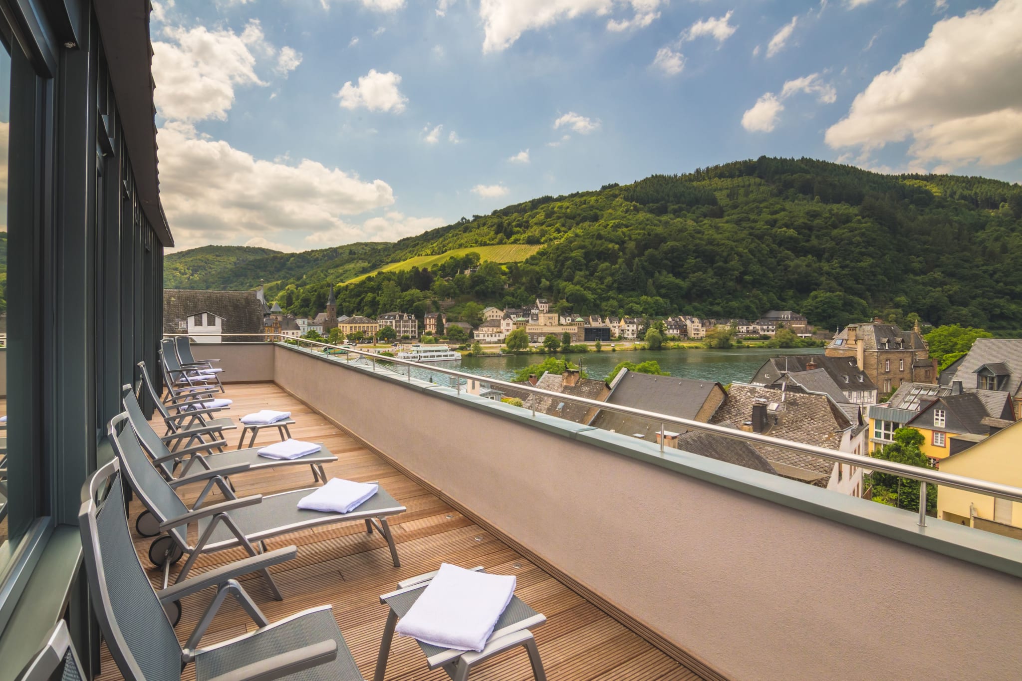 Utsikt over Mosel fra Romantik Jugendstilhotel Bellevue i Traben-Trarbach